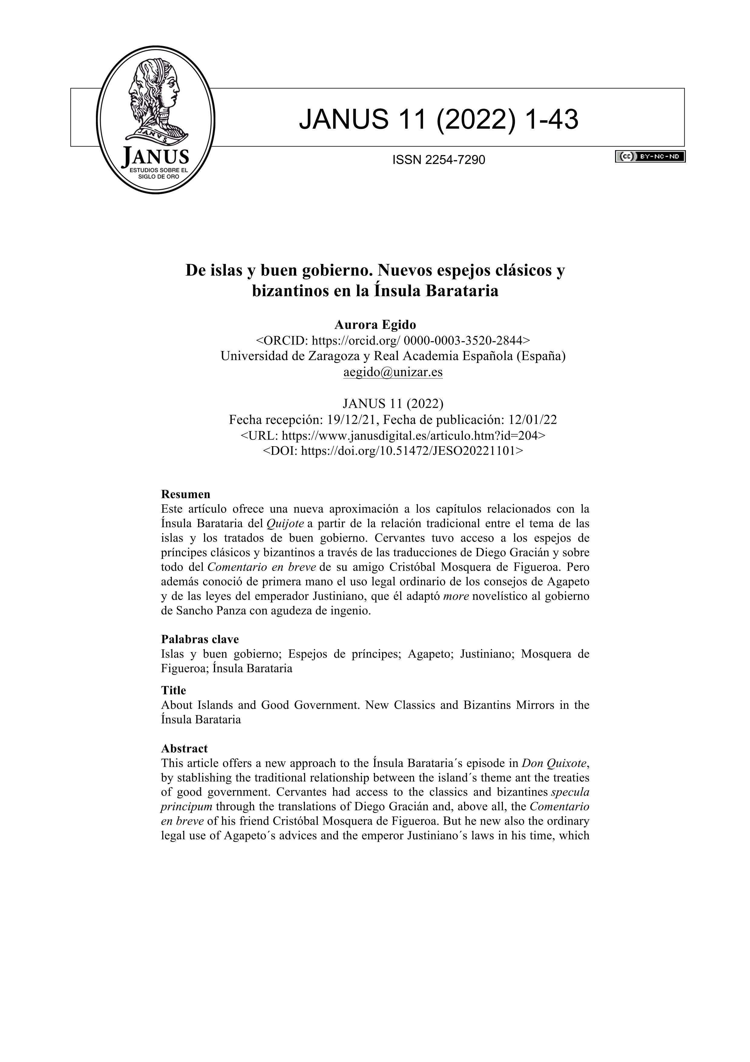 De islas y buen gobierno. Nuevos espejos clásicos y bizantinos en la Ínsula Barataria