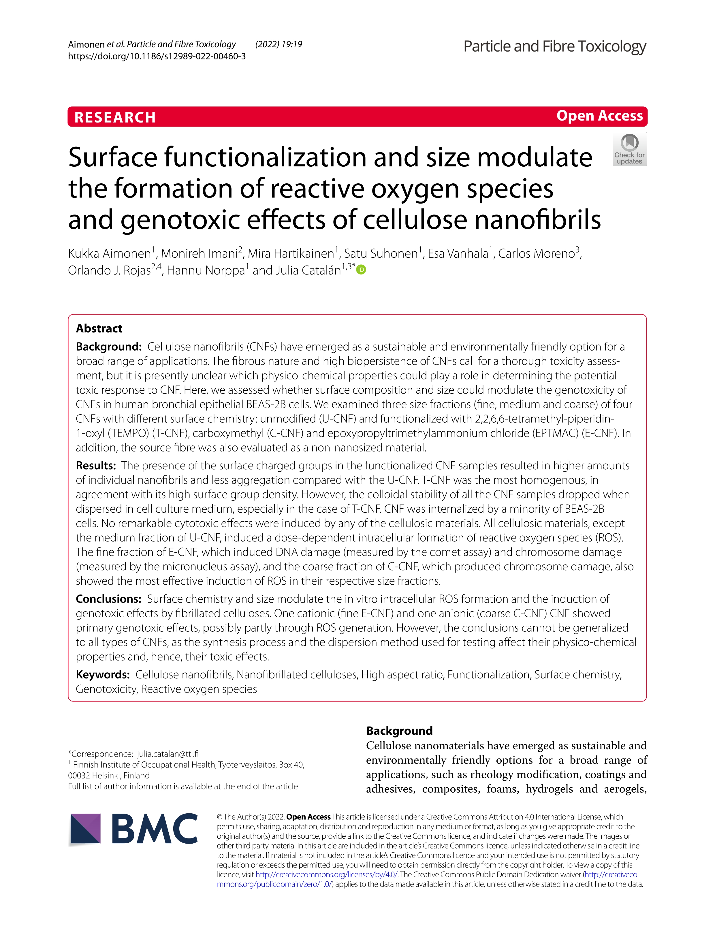 Surface functionalization and size modulate the formation of reactive oxygen species and genotoxic effects of cellulose nanofibrils; 35296350