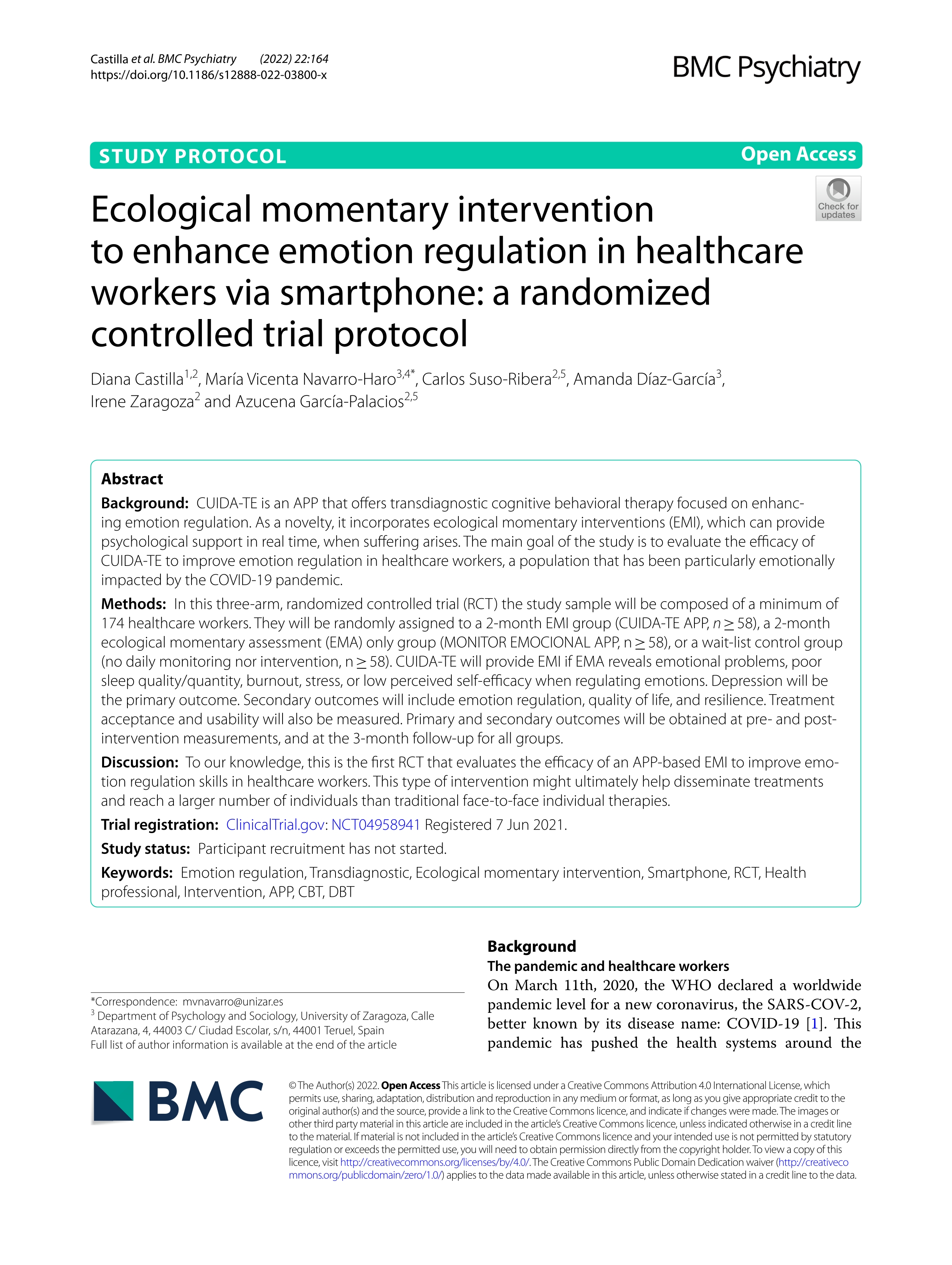 Ecological momentary intervention to enhance emotion regulation in healthcare workers via smartphone: a randomized controlled trial protocol