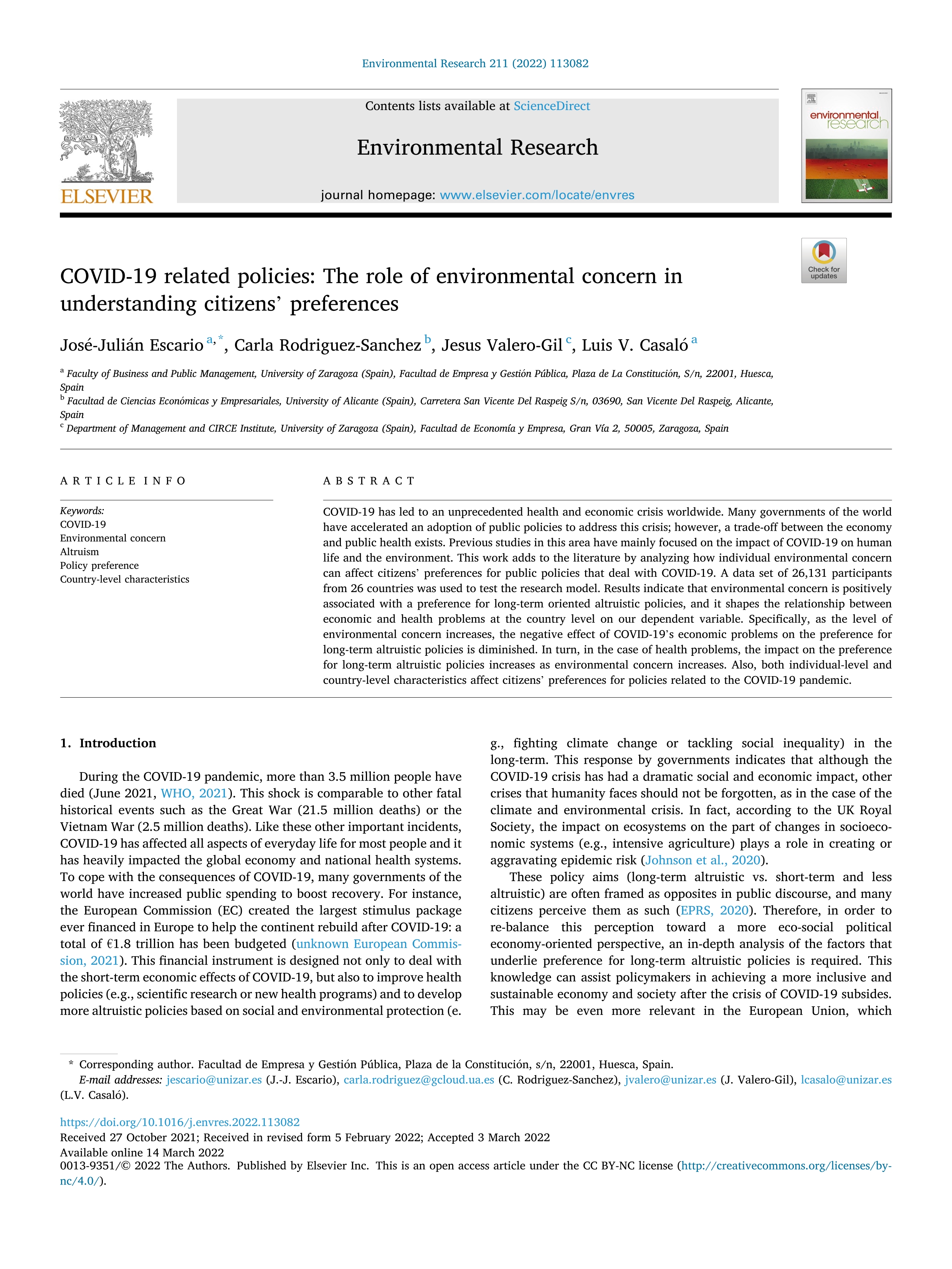 COVID-19 related policies: The role of environmental concern in understanding citizens’ preferences