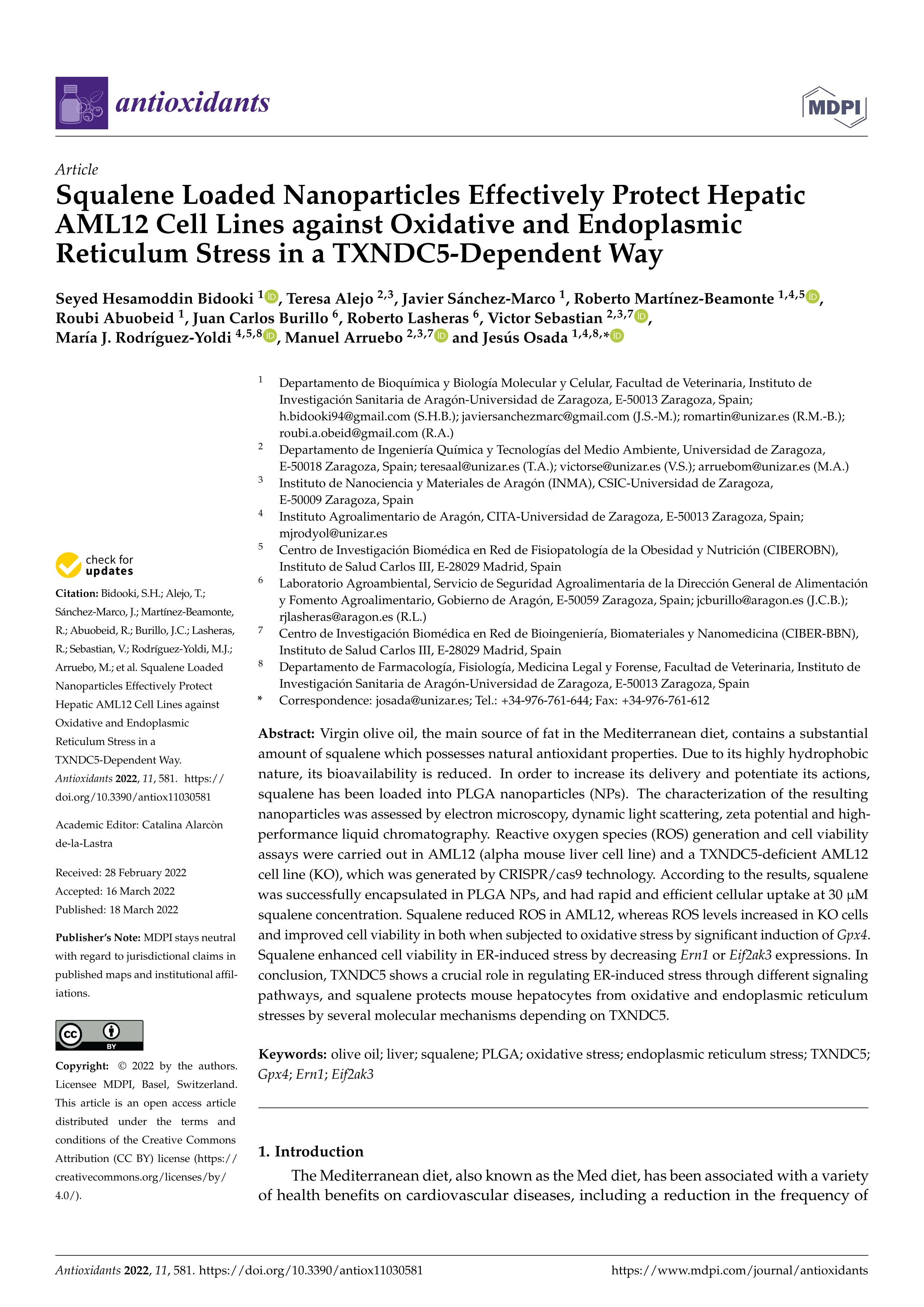 Squalene Loaded Nanoparticles Effectively Protect Hepatic AML12 Cell Lines against Oxidative and Endoplasmic Reticulum Stress in a TXNDC5-Dependent Way