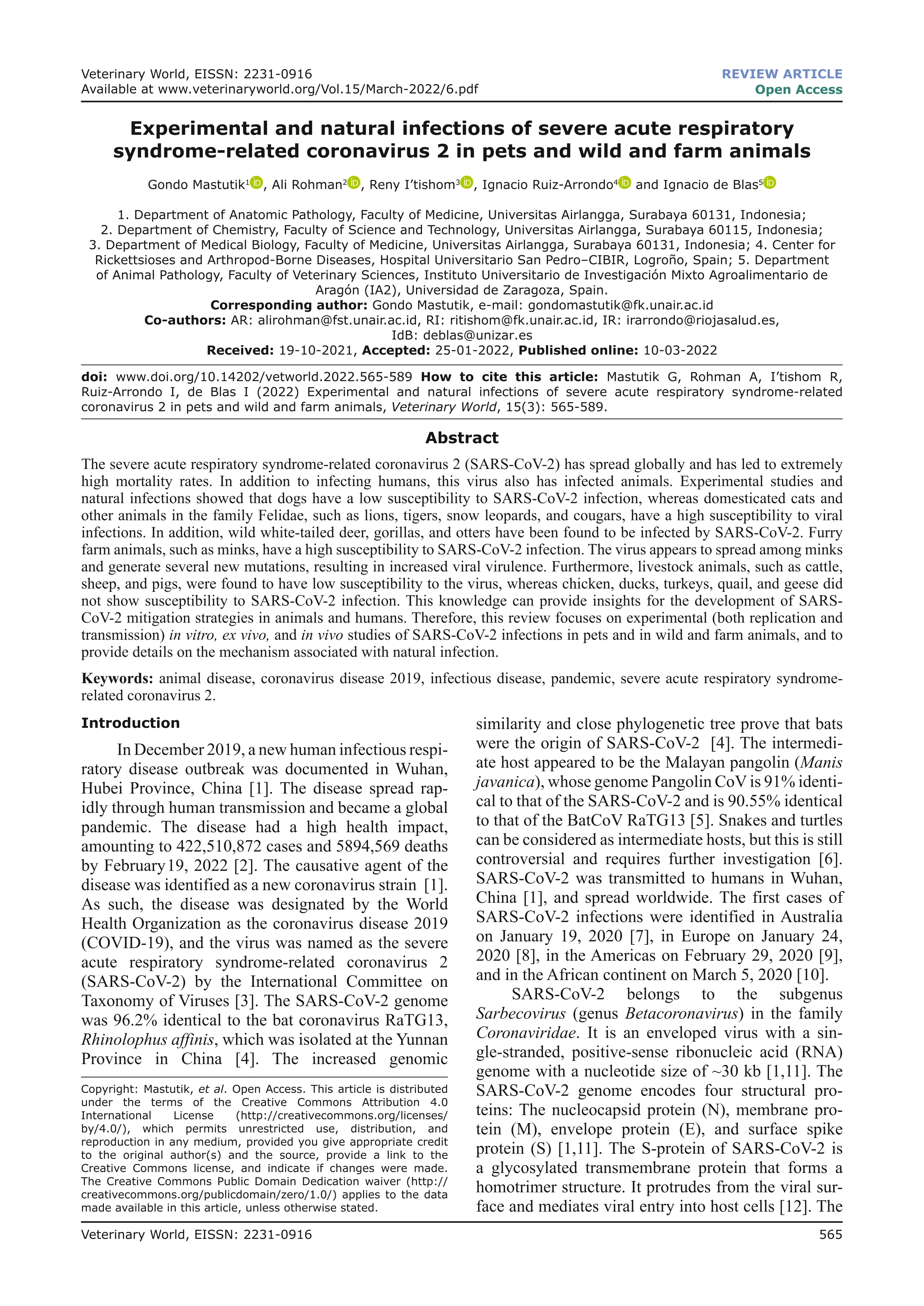 Experimental and natural infections of severe acute respiratory syndrome-related coronavirus 2 in pets and wild and farm animals