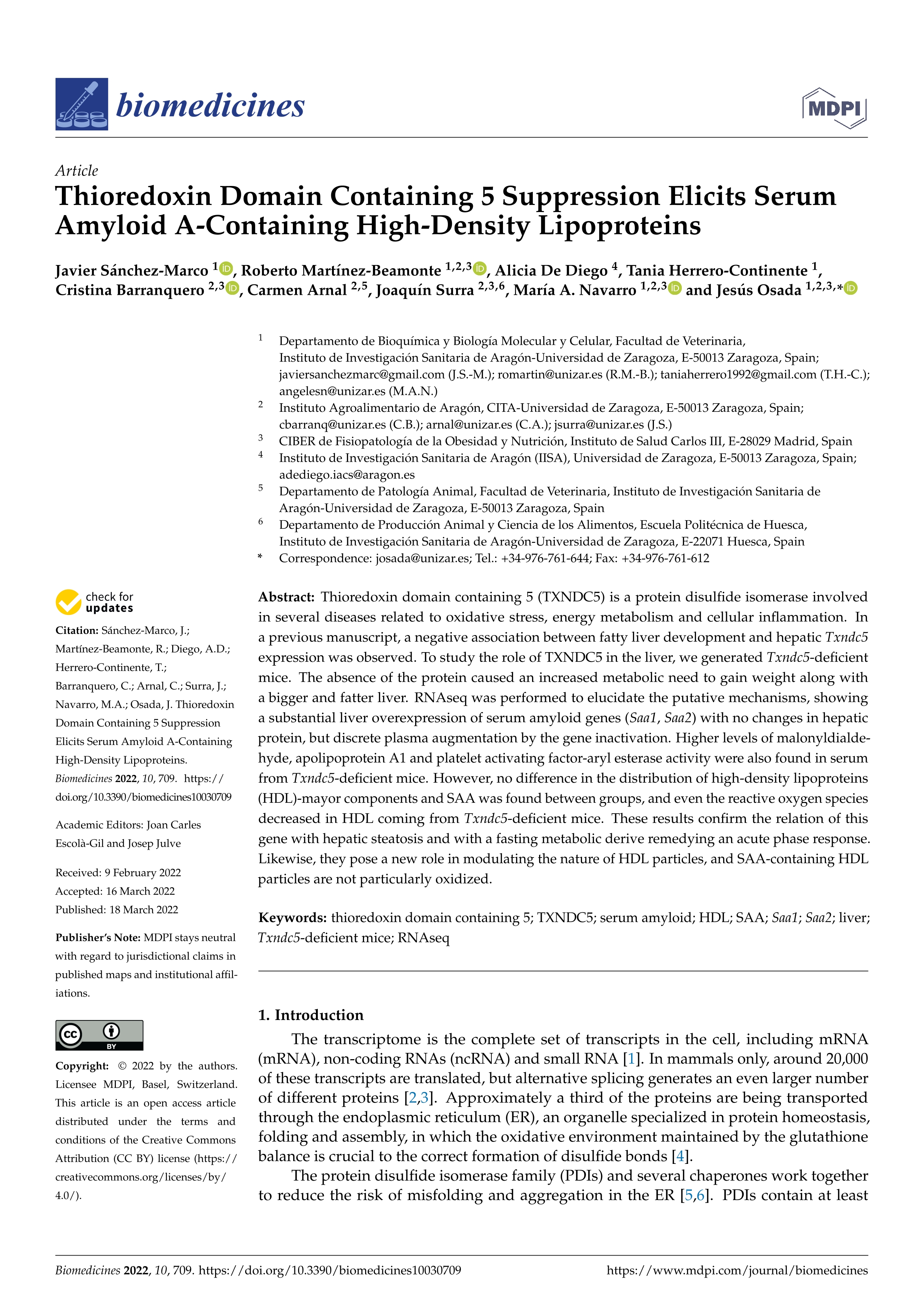 Thioredoxin Domain Containing 5 Suppression Elicits Serum Amyloid A-Containing High-Density Lipoproteins
