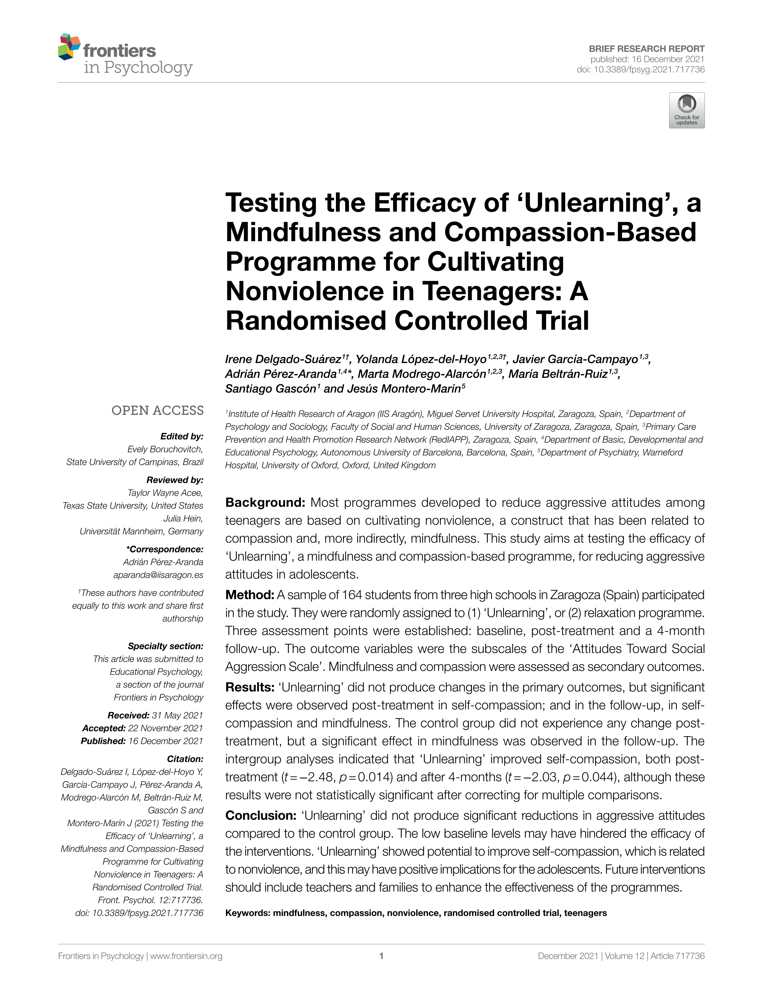 Testing the efficacy of ‘Unlearning’, a mindfulness and compassion-based programme for cultivating nonviolence in teenagers: a randomised controlled trial