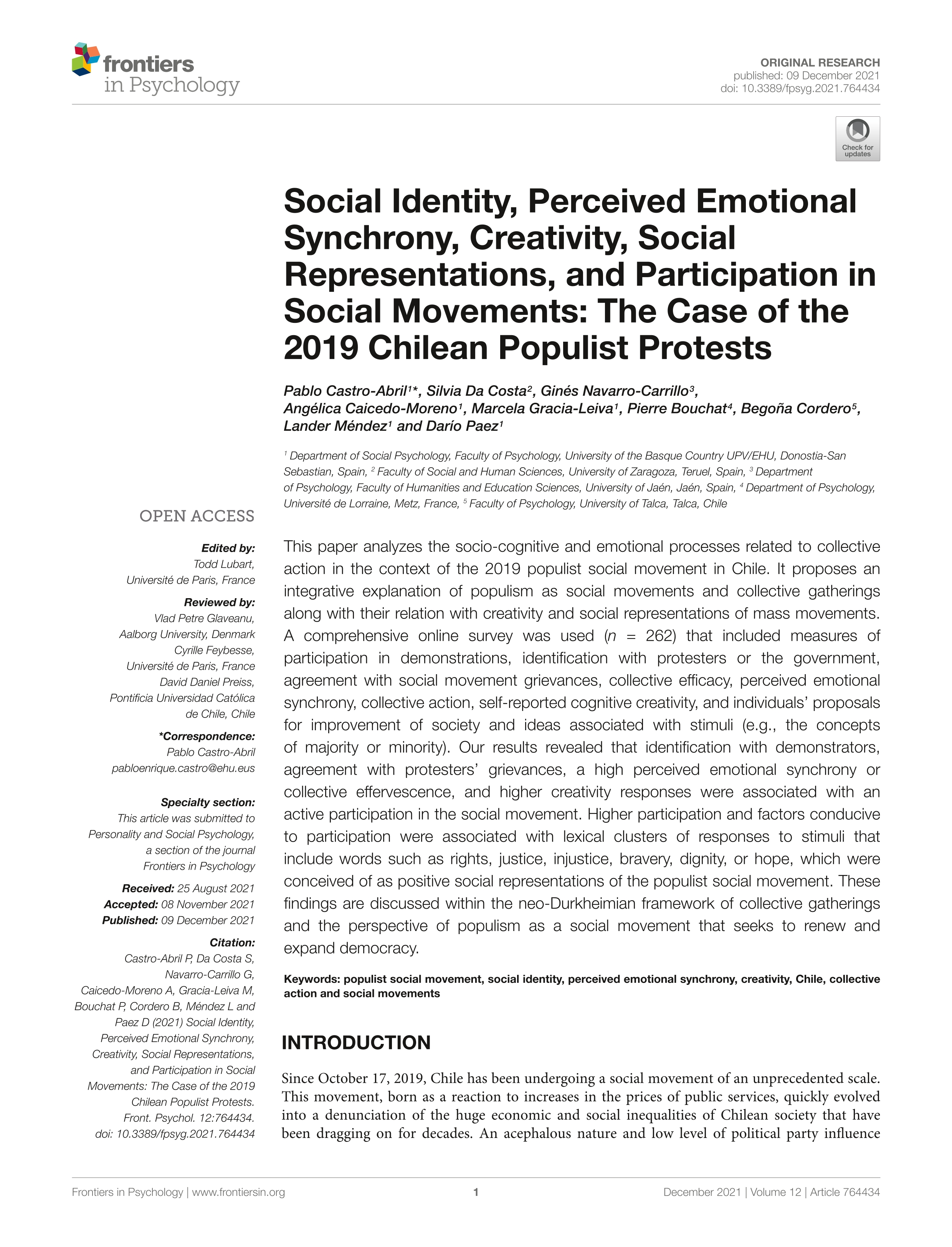 Social identity, perceived emotional synchrony, creativity, social representations, and participation in social movements: the case of the 2019 chilean populist protests