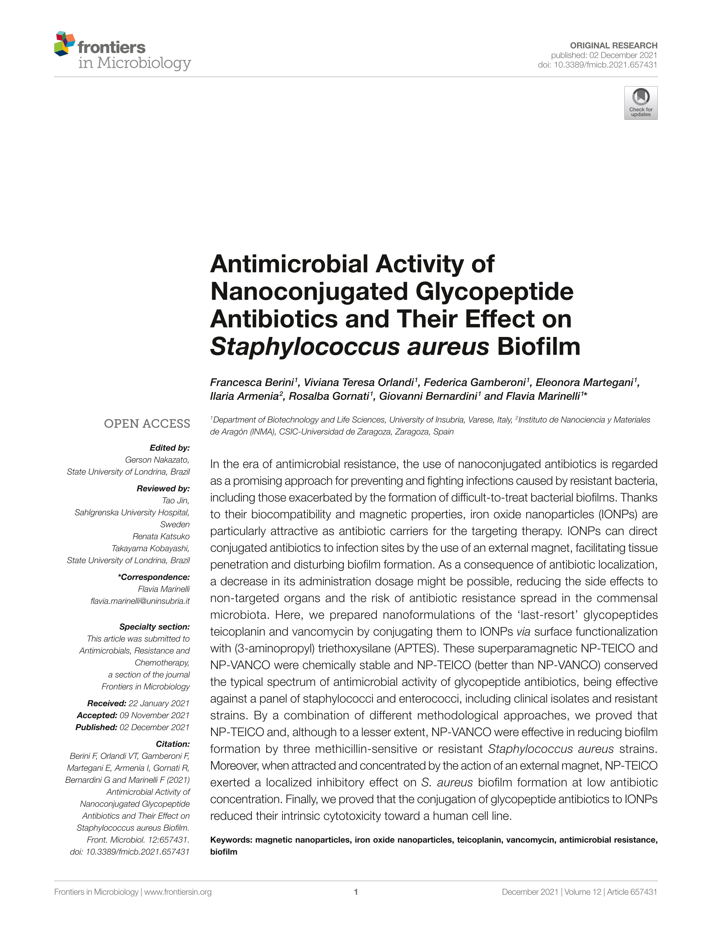 Antimicrobial activity of nanoconjugated glycopeptide antibiotics and their effect on Staphylococcus Aureus biofilm