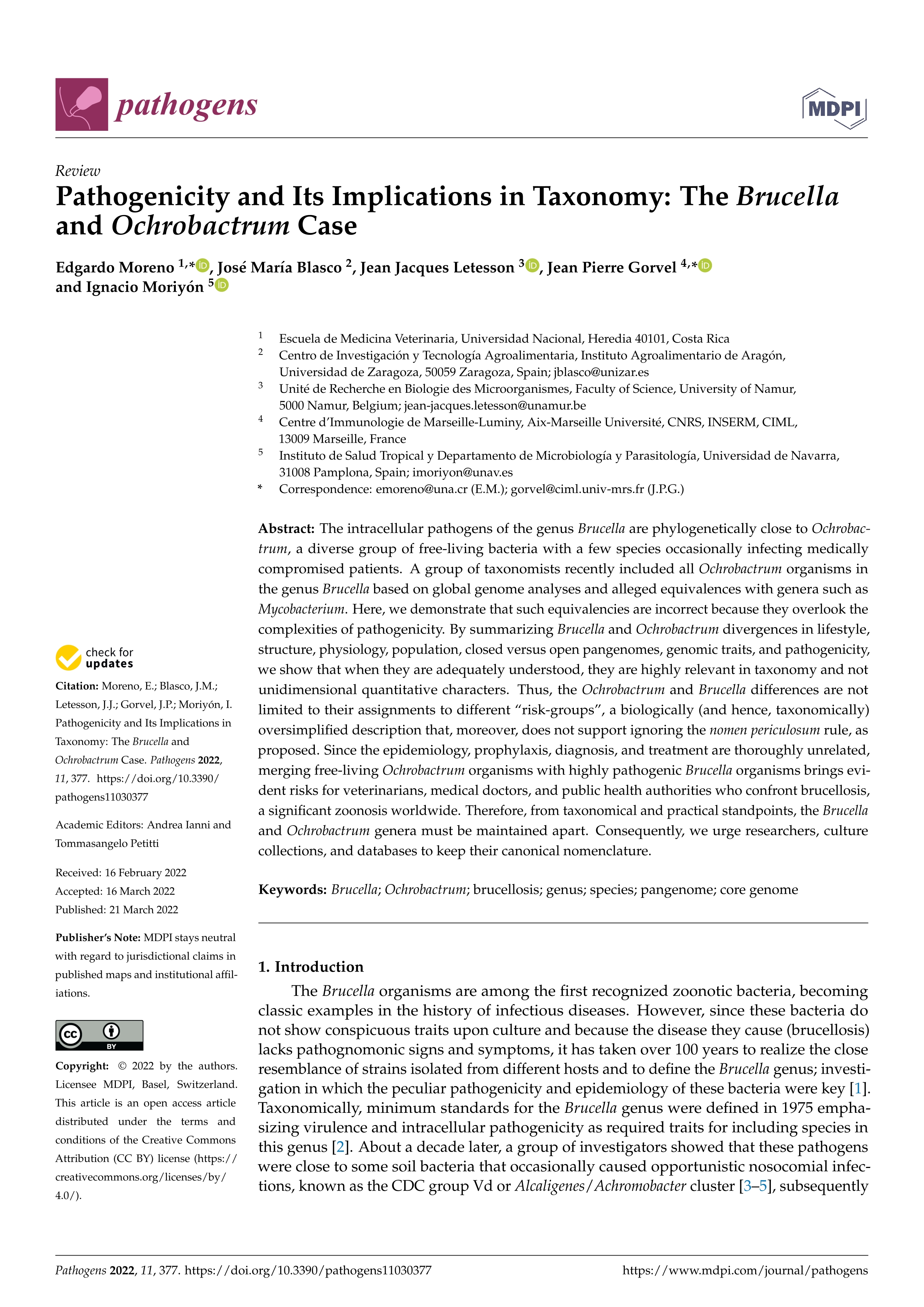 Pathogenicity and Its Implications in Taxonomy: The Brucella and Ochrobactrum Case