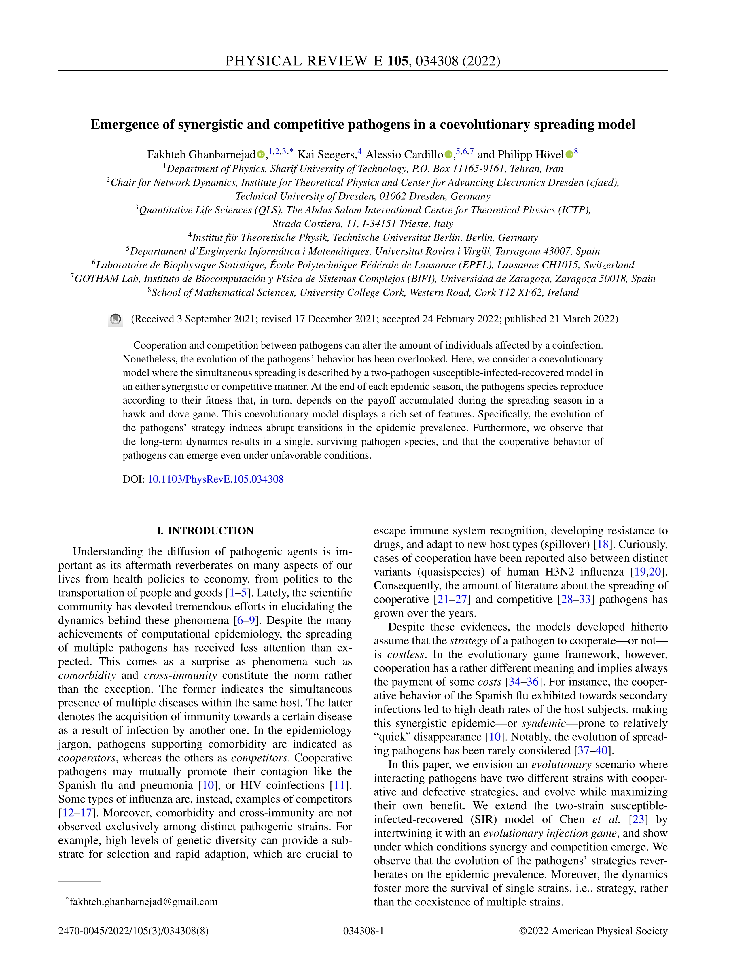 Emergence of synergistic and competitive pathogens in a coevolutionary spreading model