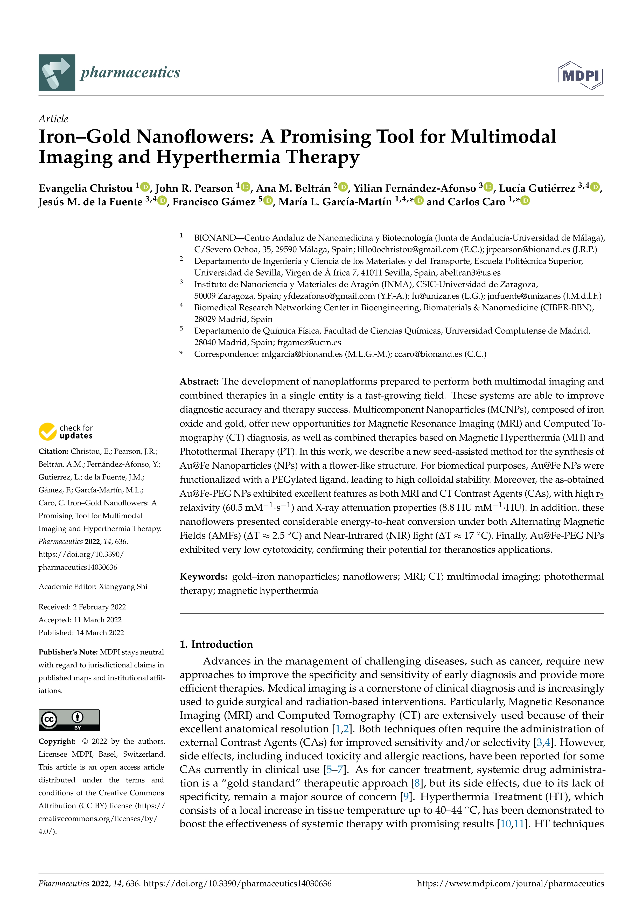 Iron–Gold Nanoflowers: A Promising Tool for Multimodal Imaging and Hyperthermia Therapy