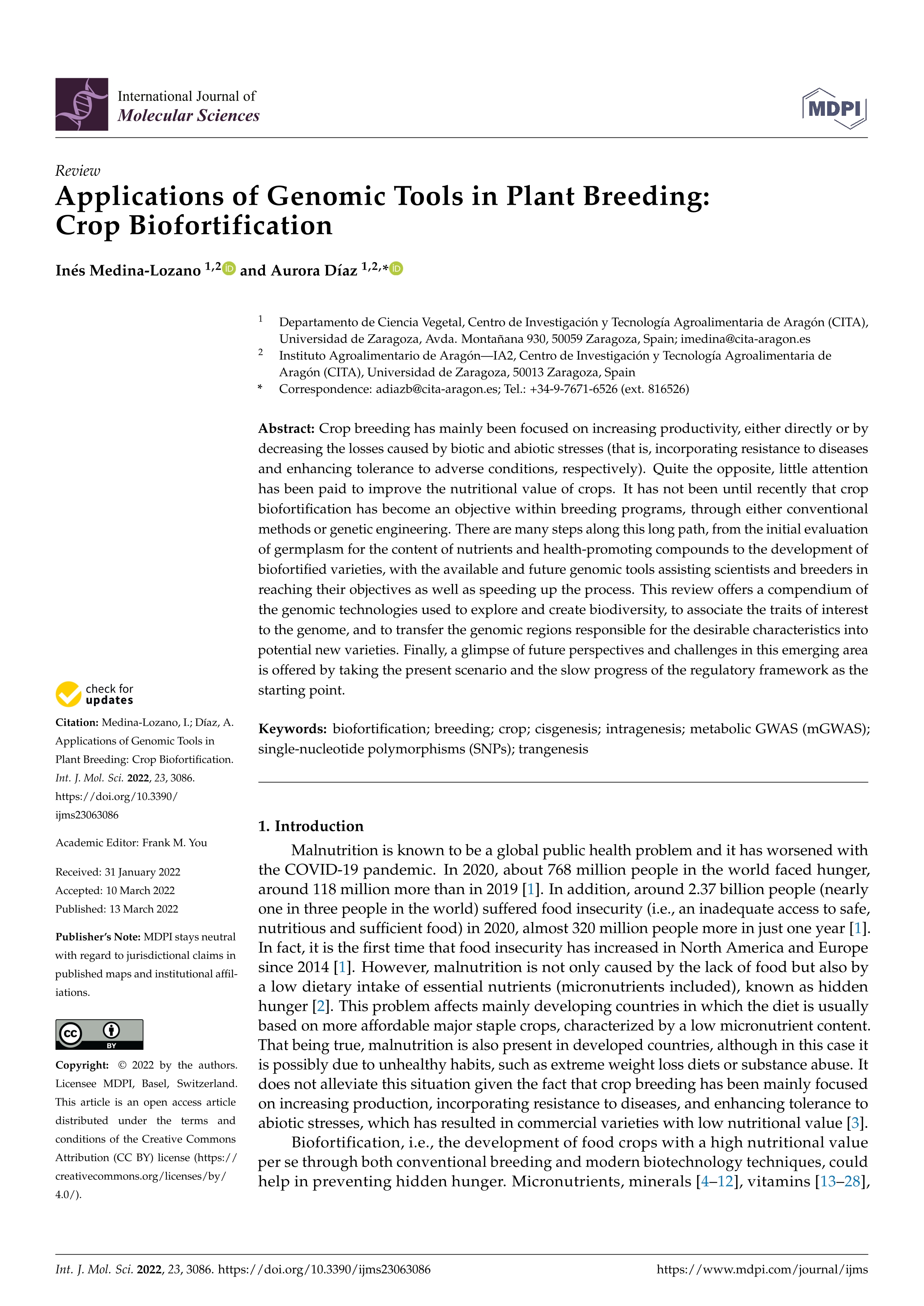 Applications of Genomic Tools in Plant Breeding: Crop Biofortification; 35328507