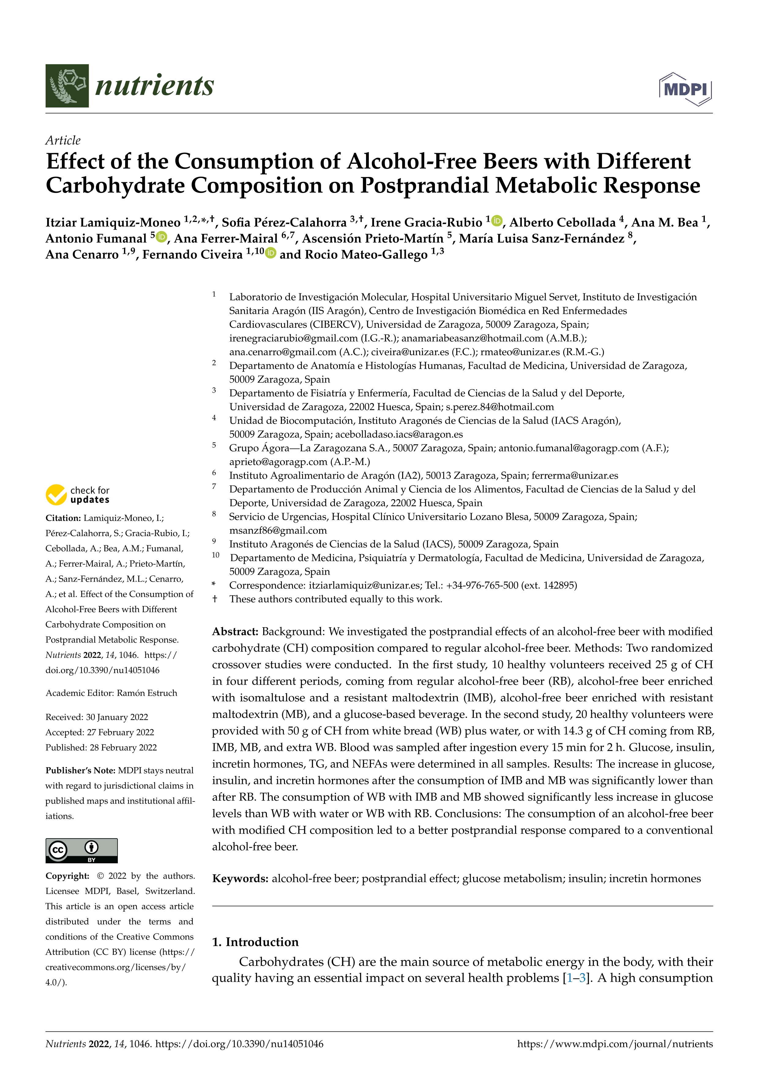 Effect of the Consumption of Alcohol-Free Beers with Different Carbohydrate Composition on Postprandial Metabolic Response