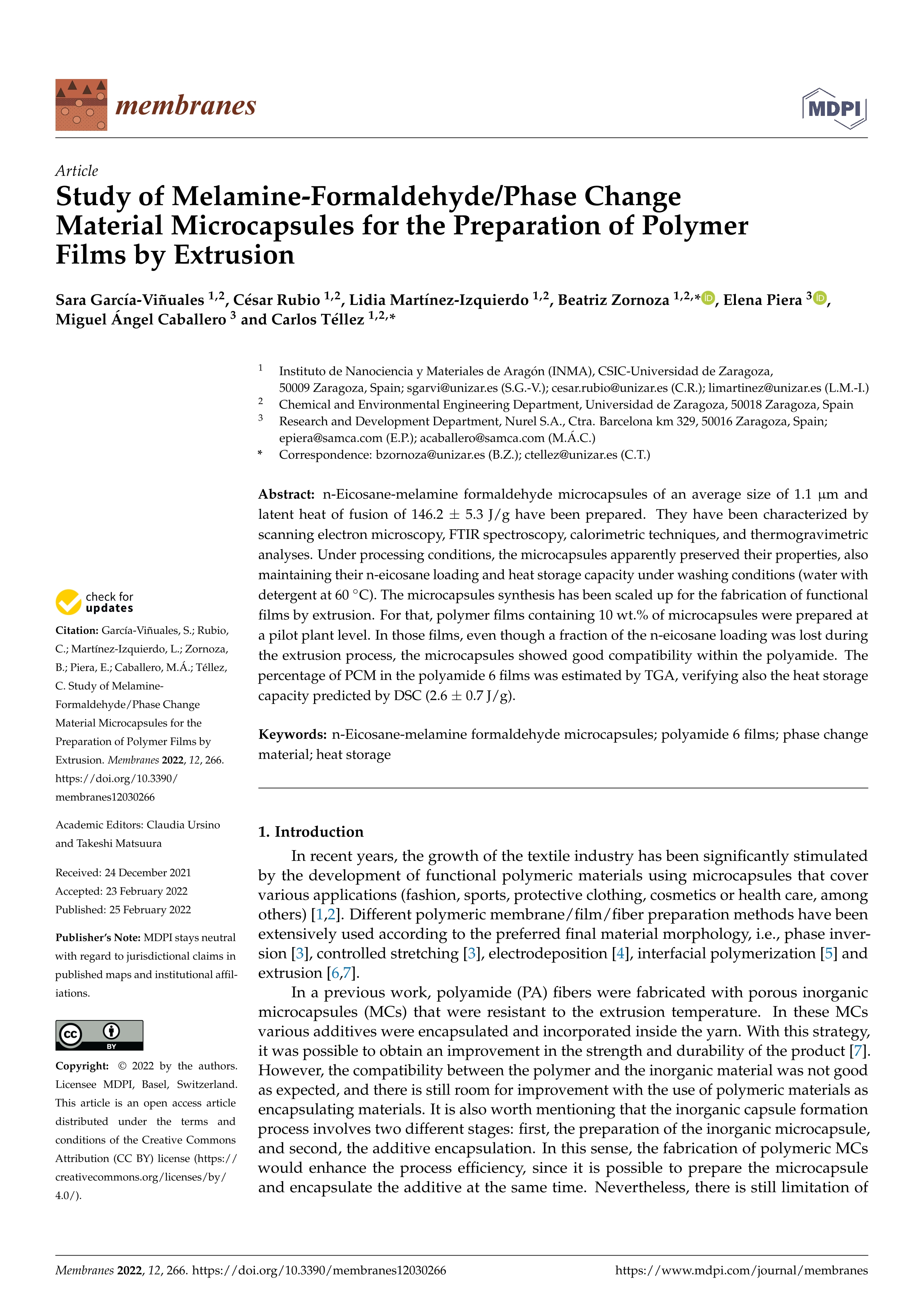 Study of Melamine-Formaldehyde/Phase Change Material Microcapsules for the Preparation of Polymer Films by Extrusion