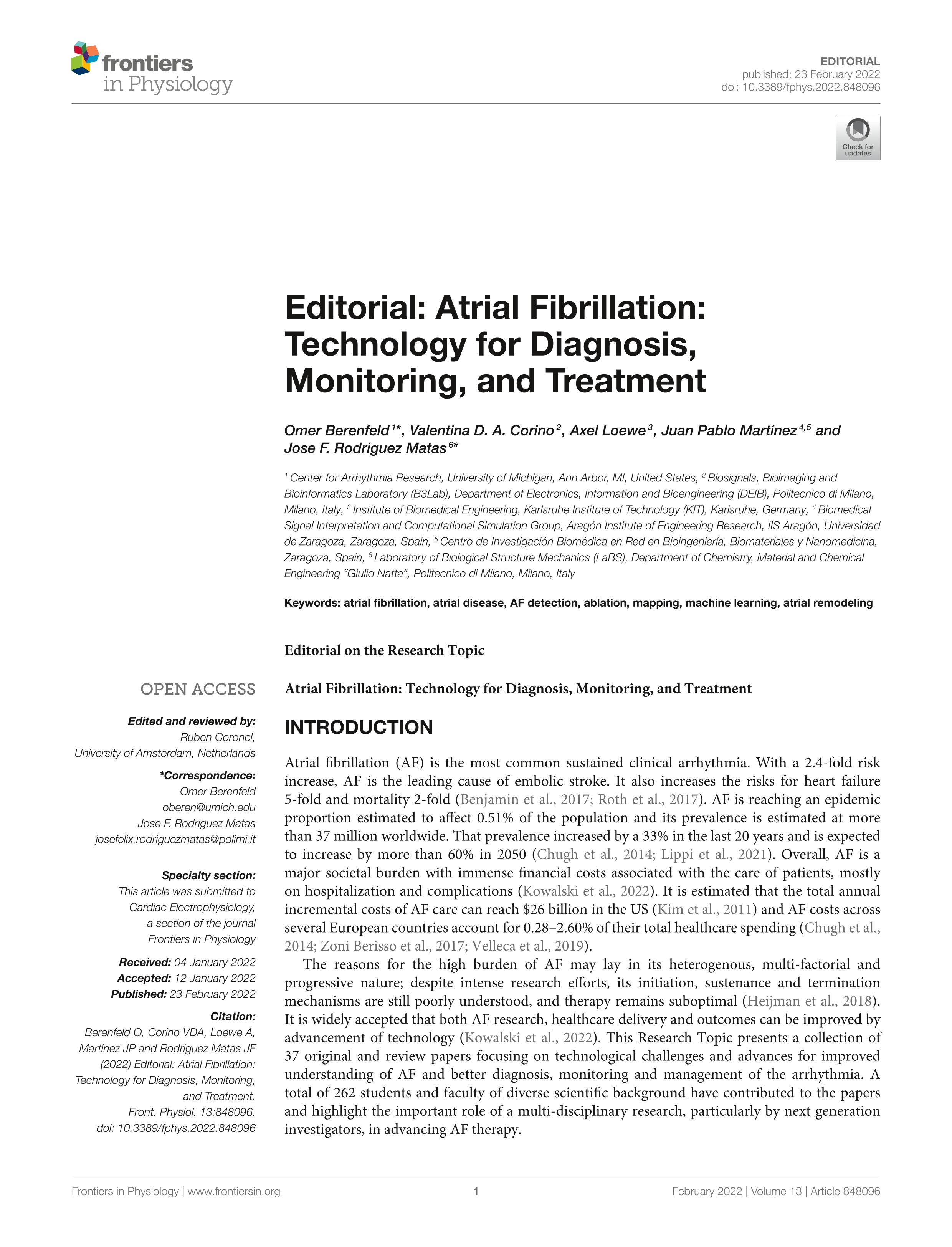 Editorial: Atrial Fibrillation: Technology for Diagnosis, Monitoring, and Treatment