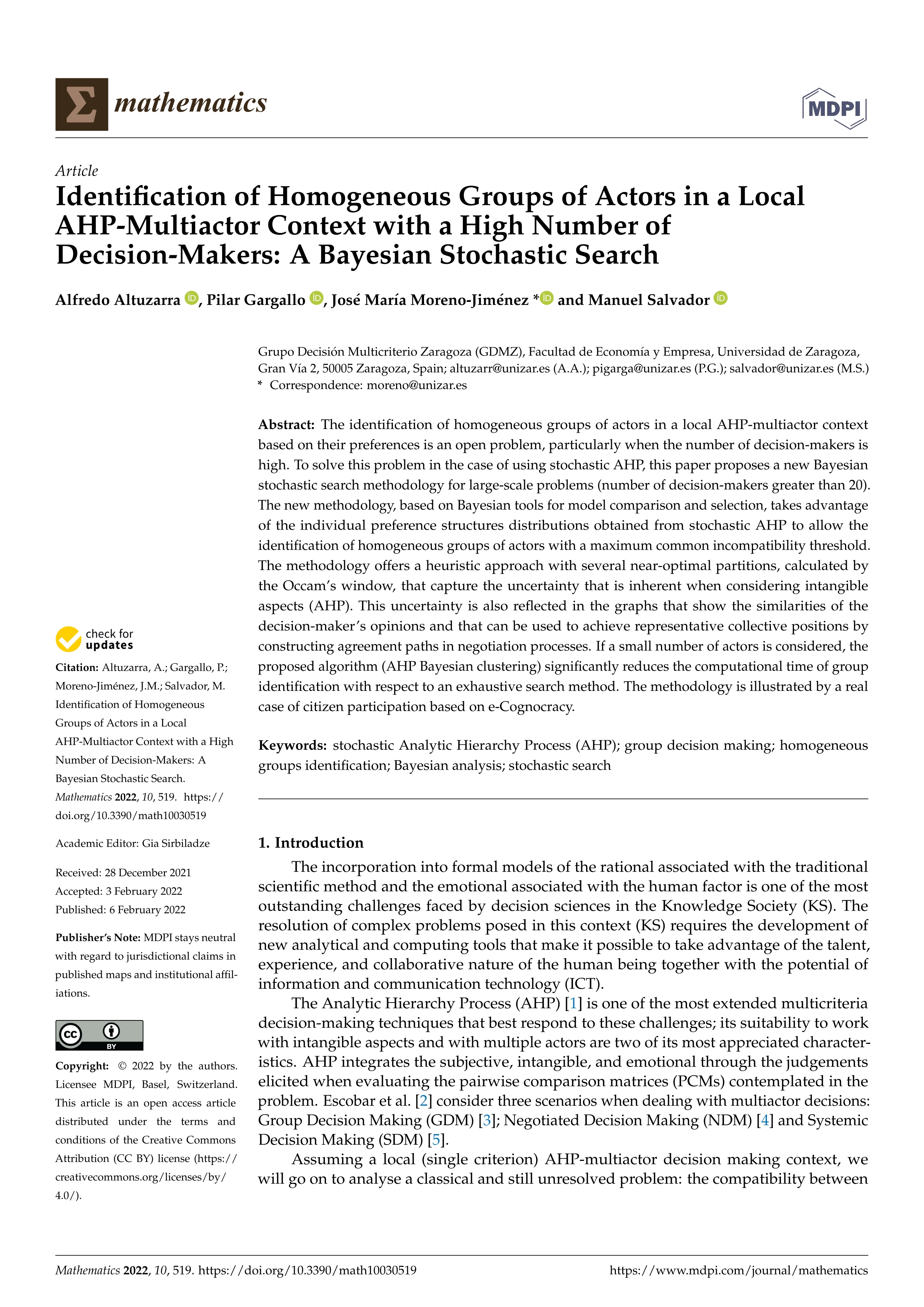 Identification of Homogeneous Groups of Actors in a Local AHP-Multiactor Context with a High Number of Decision-Makers: A Bayesian Stochastic Search