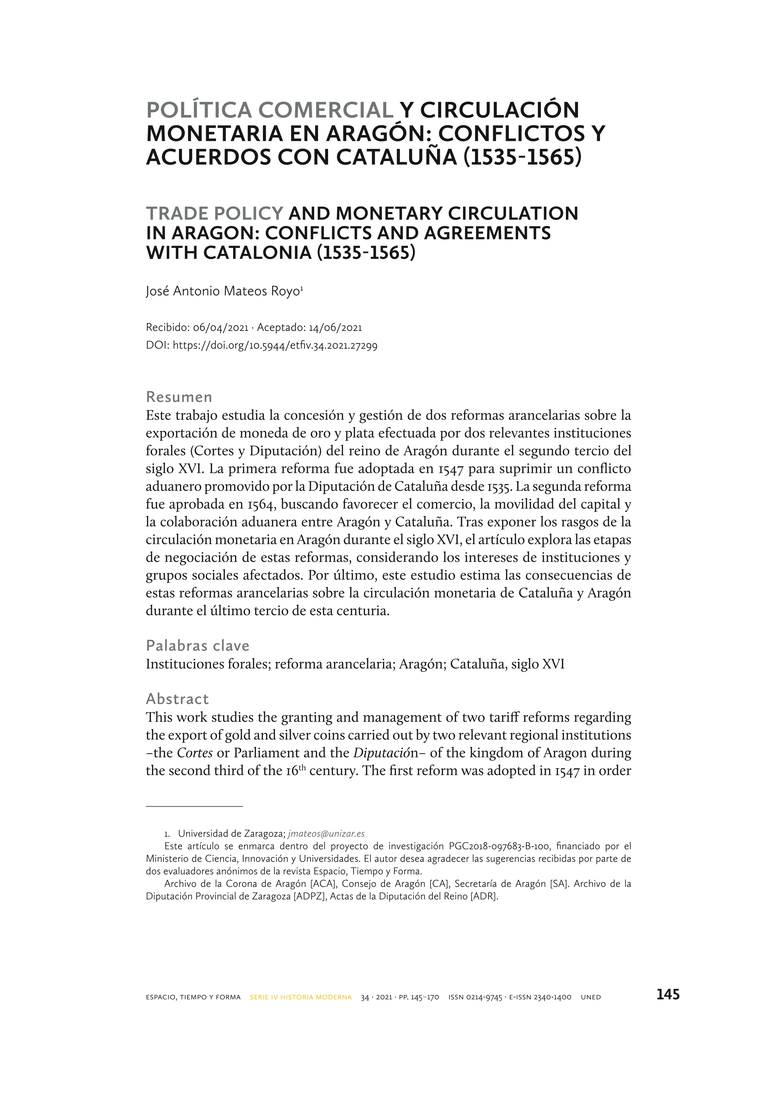 Política comercial y circulación monetaria en Aragón: conflictos y acuerdos con Cataluña (1535-1565)