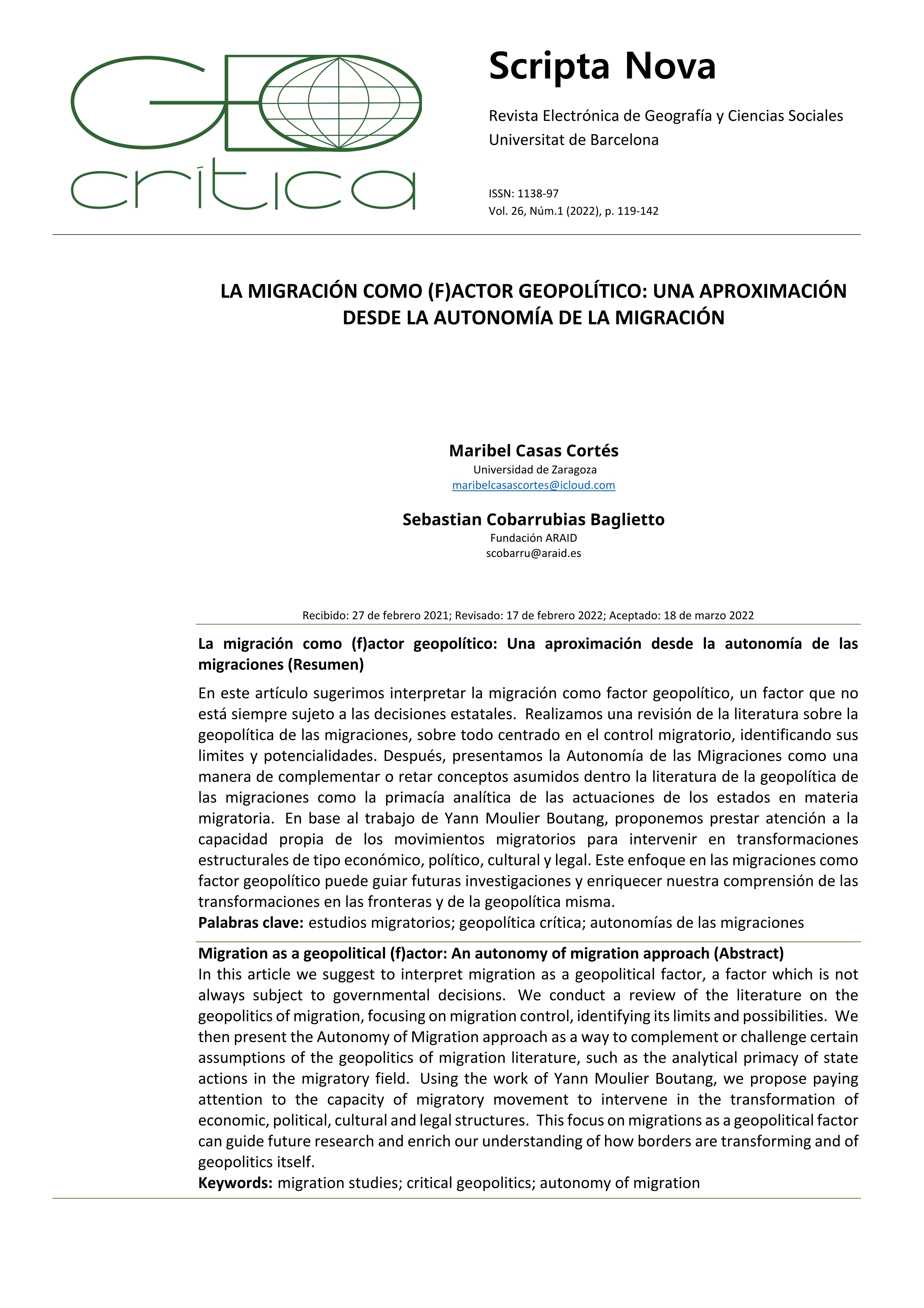 La migración como (f)actor geopolítico: una aproximación desde la autonomía de la migración