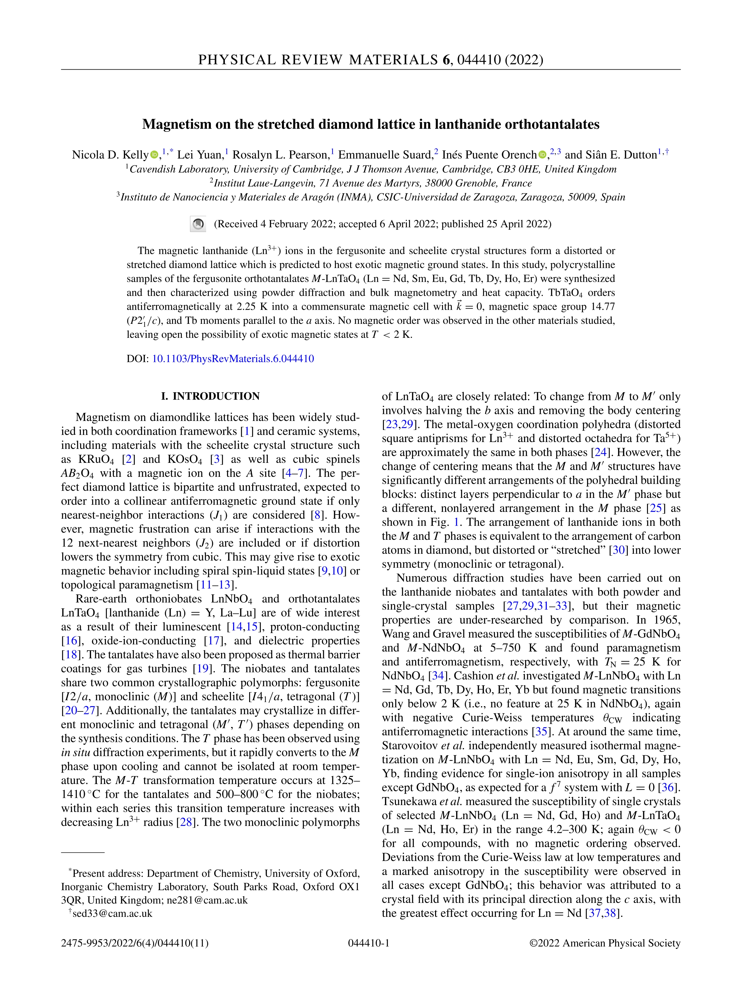 Magnetism on the stretched diamond lattice in lanthanide orthotantalates