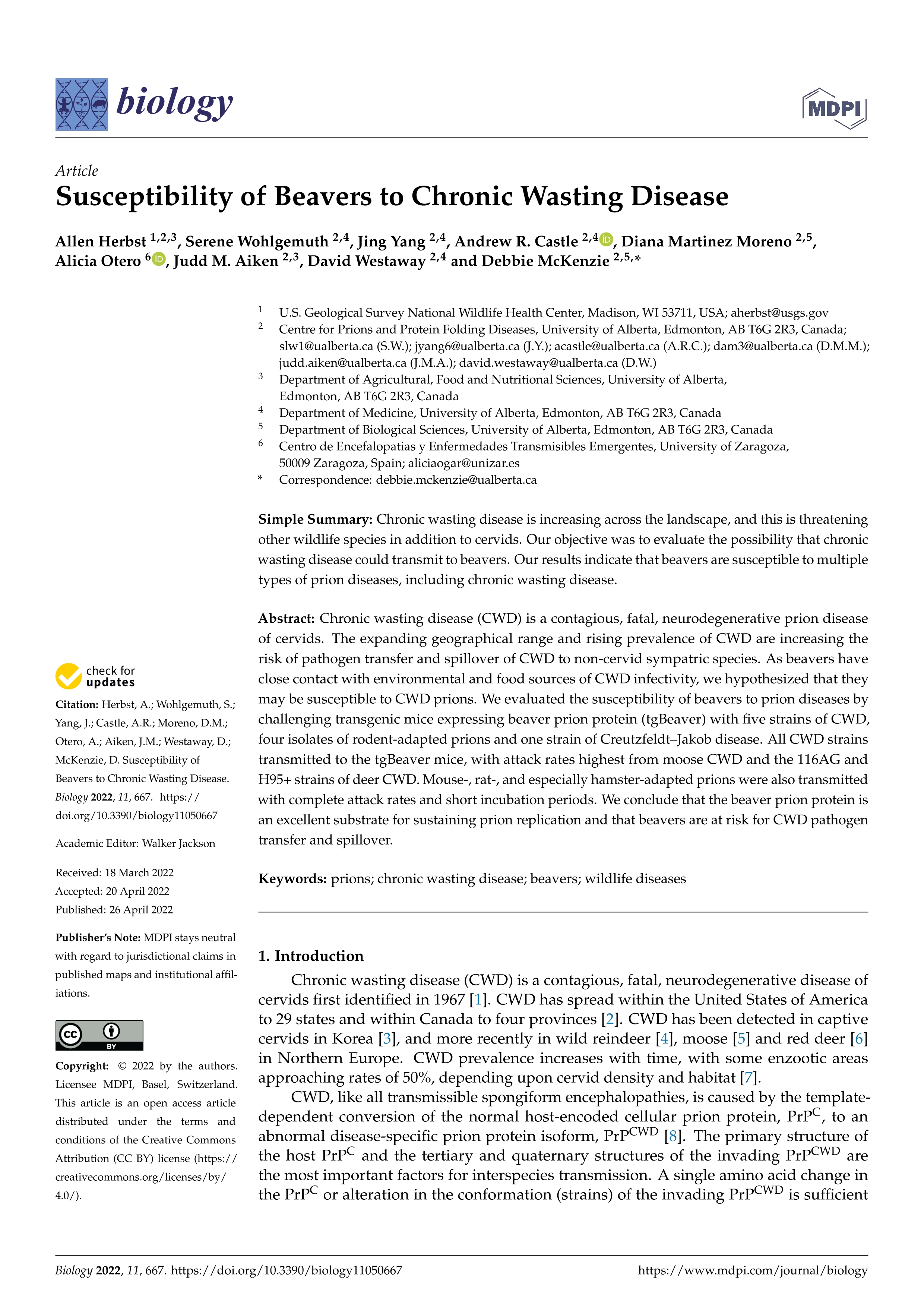 Susceptibility of Beavers to Chronic Wasting Disease