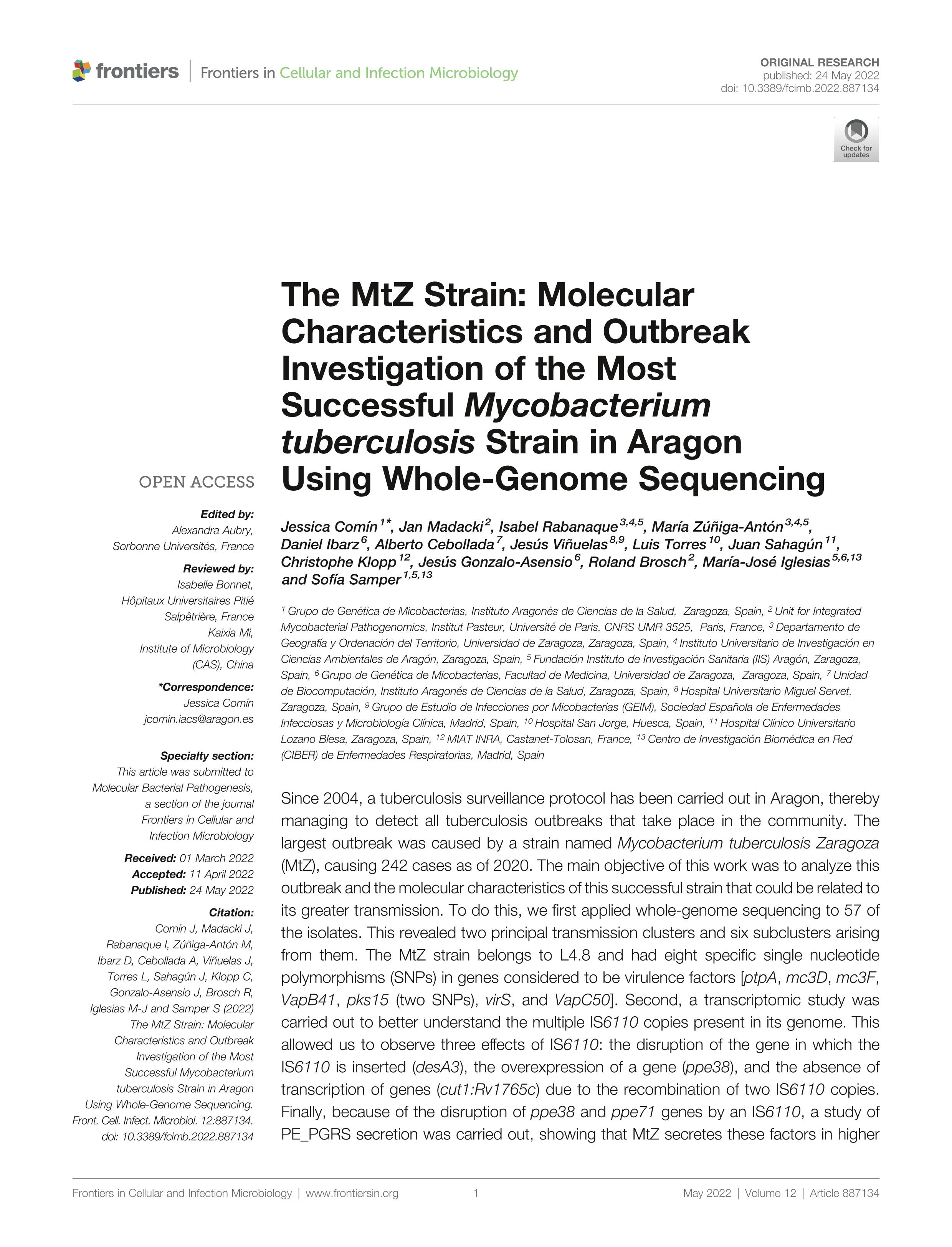 The MtZ Strain: Molecular Characteristics and Outbreak Investigation of the Most Successful Mycobacterium tuberculosis Strain in Aragon Using Whole-Genome Sequencing