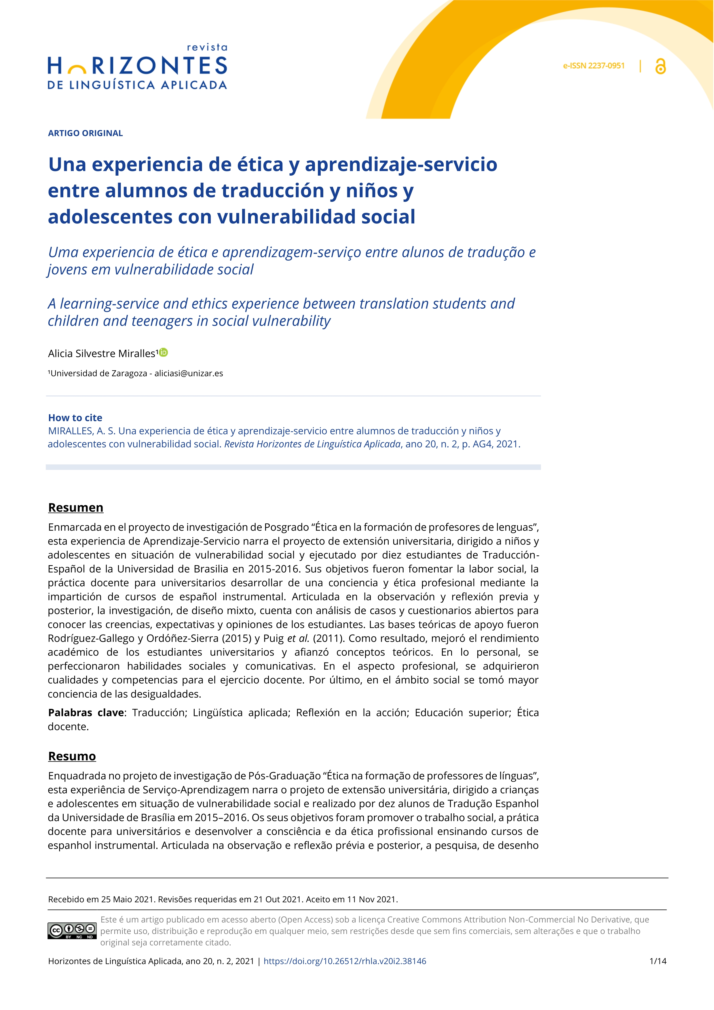 Una experiencia de ética y aprendizaje-servicio entre alumnos de traducción y niños y adolescentes con vulnerabilidad social