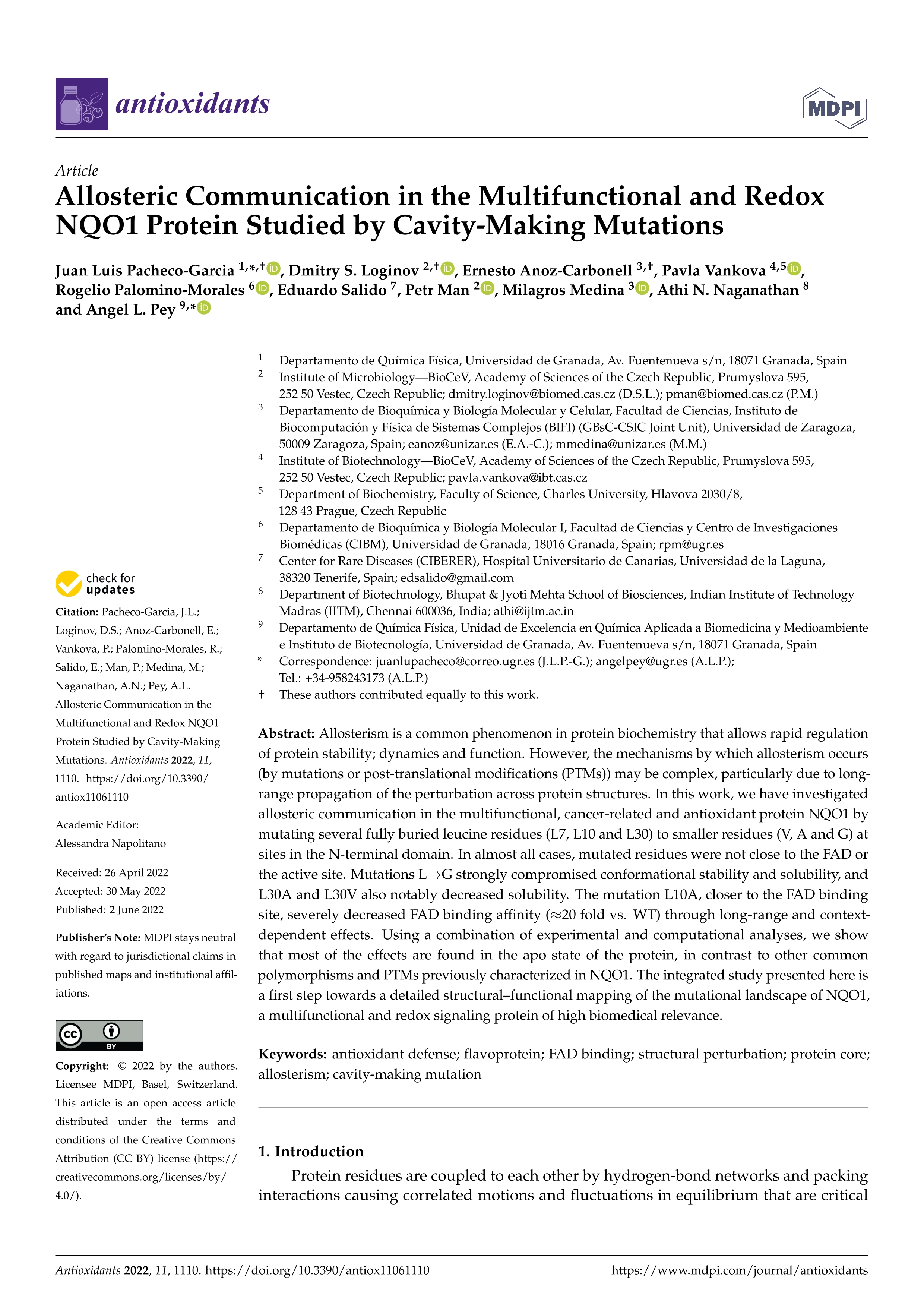 Allosteric Communication in the Multifunctional and Redox NQO1 Protein Studied by Cavity-Making Mutations