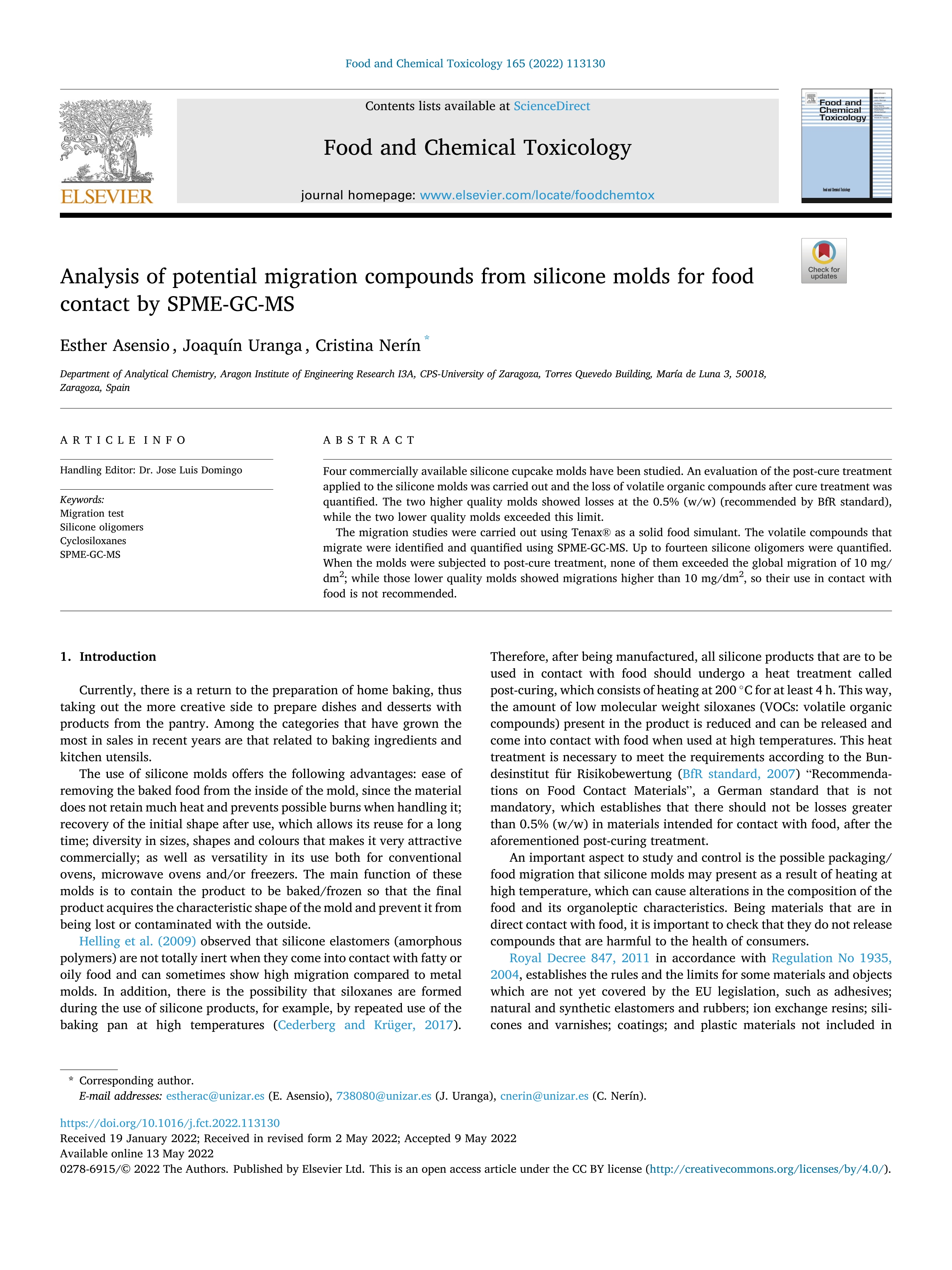 Analysis of potential migration compounds from silicone molds for food contact by SPME-GC-MS