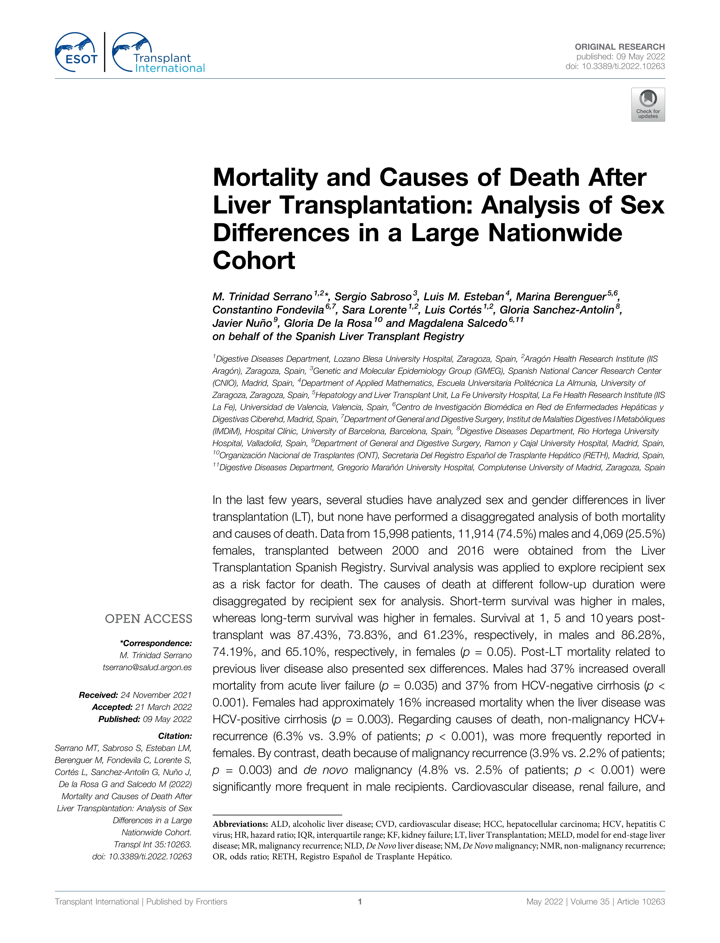 Mortality and Causes of Death After Liver Transplantation: Analysis of Sex  Differences in a Large Nationwide Cohort - Repositorio Institucional de  Documentos