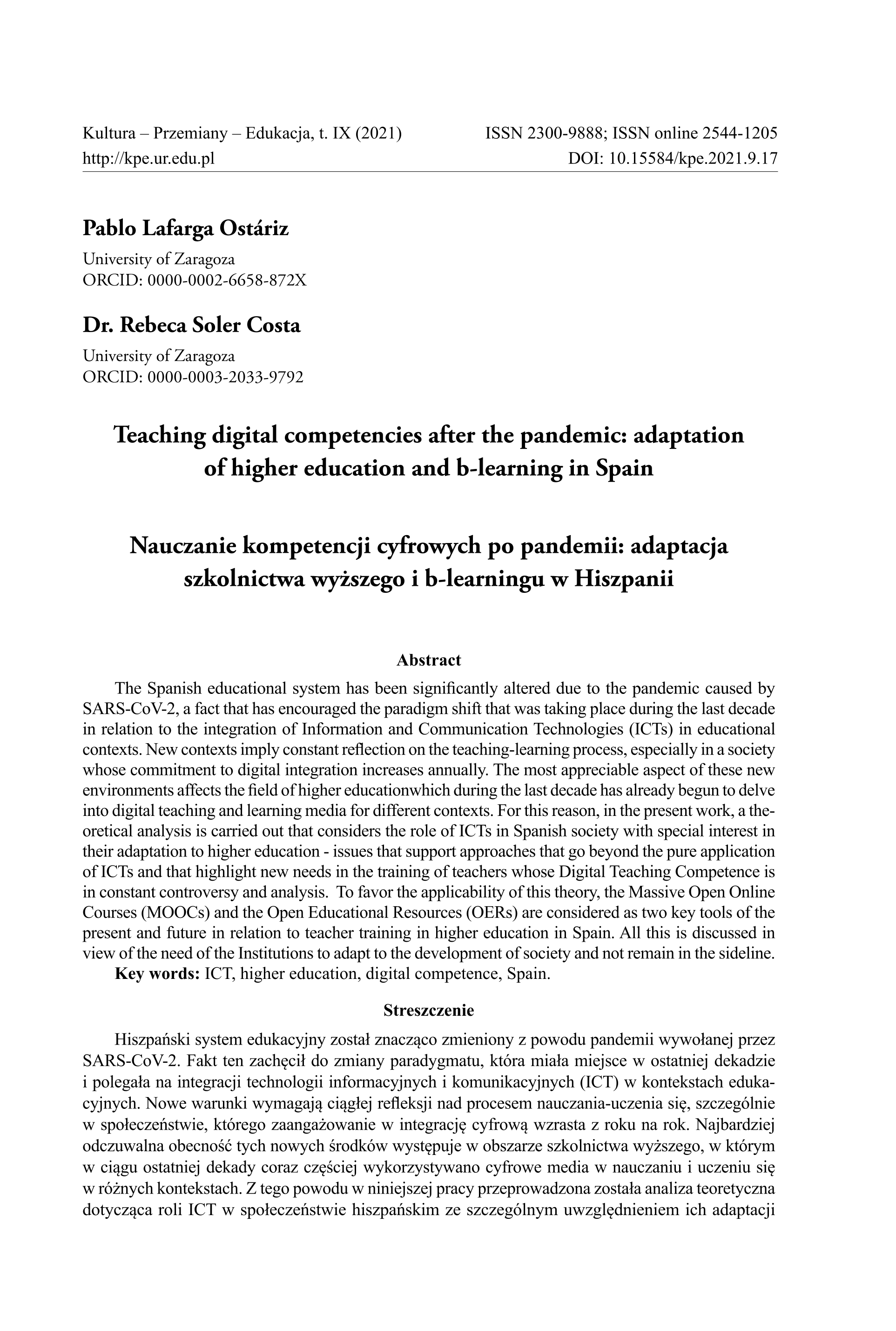 Teaching digital competencies after the pandemic: adaptation of higher education and b-learning in Spain