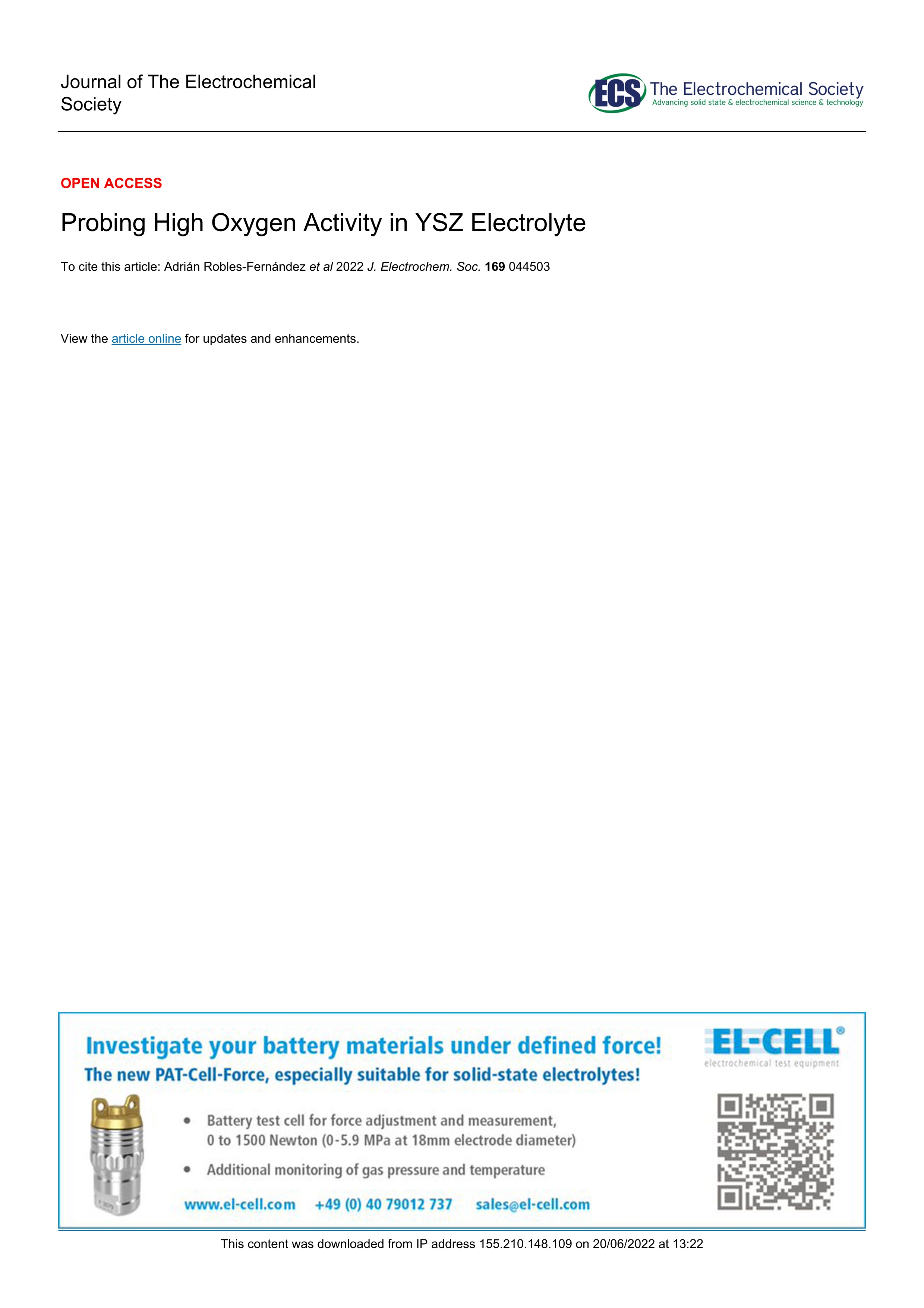 Probing high oxygen activity in YSZ electrolyte