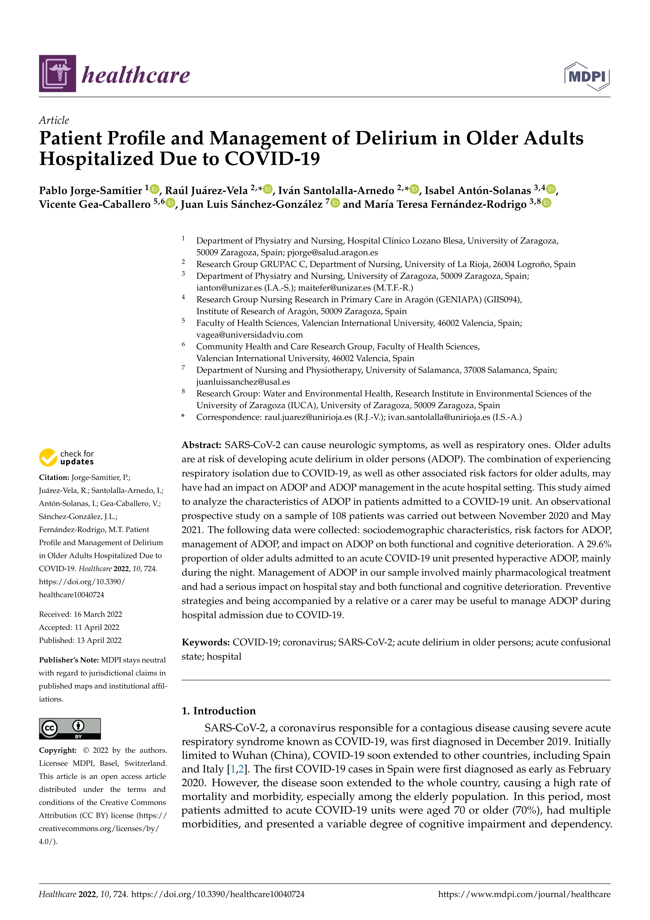 Patient profile and management of delirium in older adults hospitalized due to COVID-19