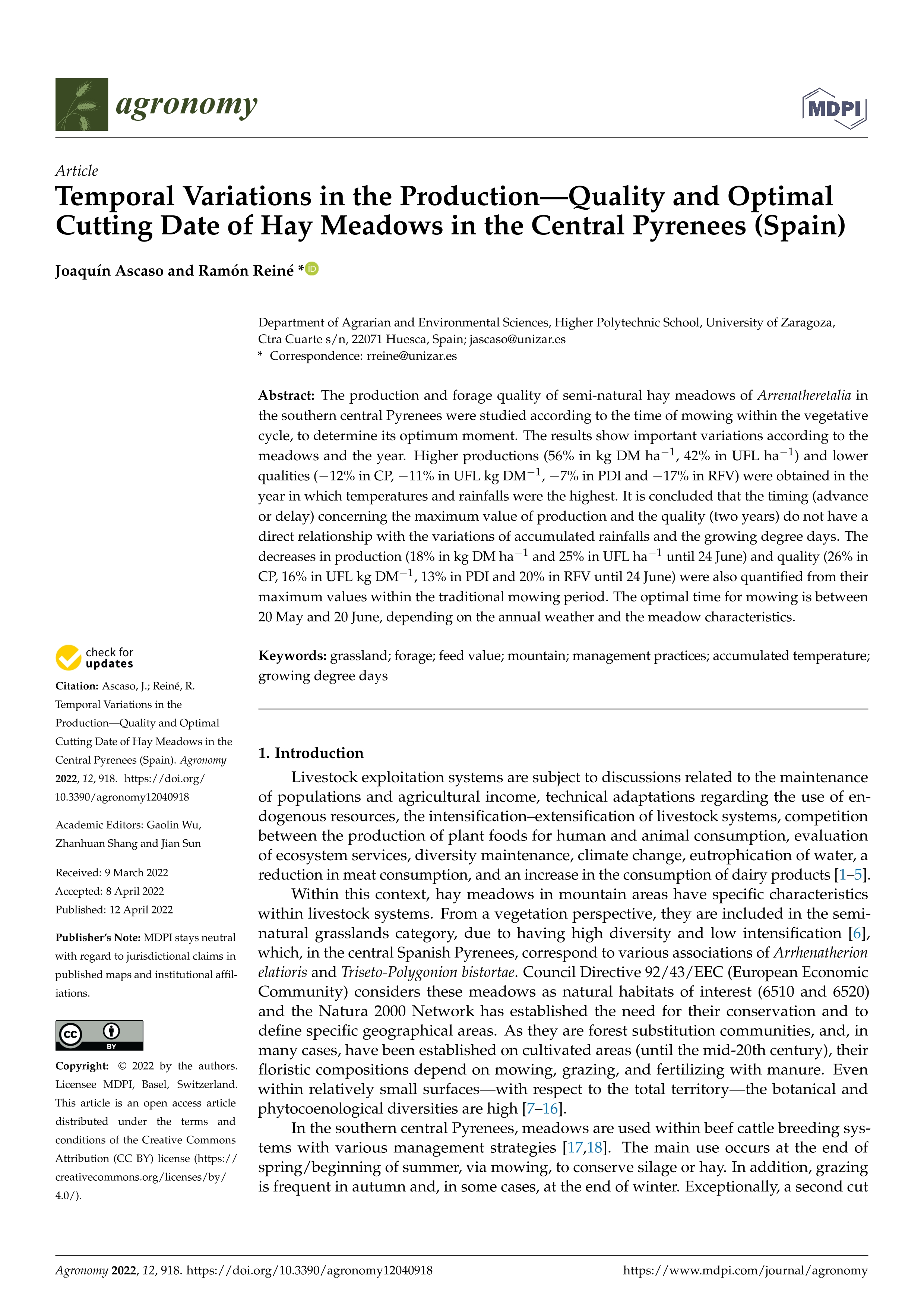 Temporal variations in the production—quality and optimal cutting date of hay meadows in the Central Pyrenees (Spain)