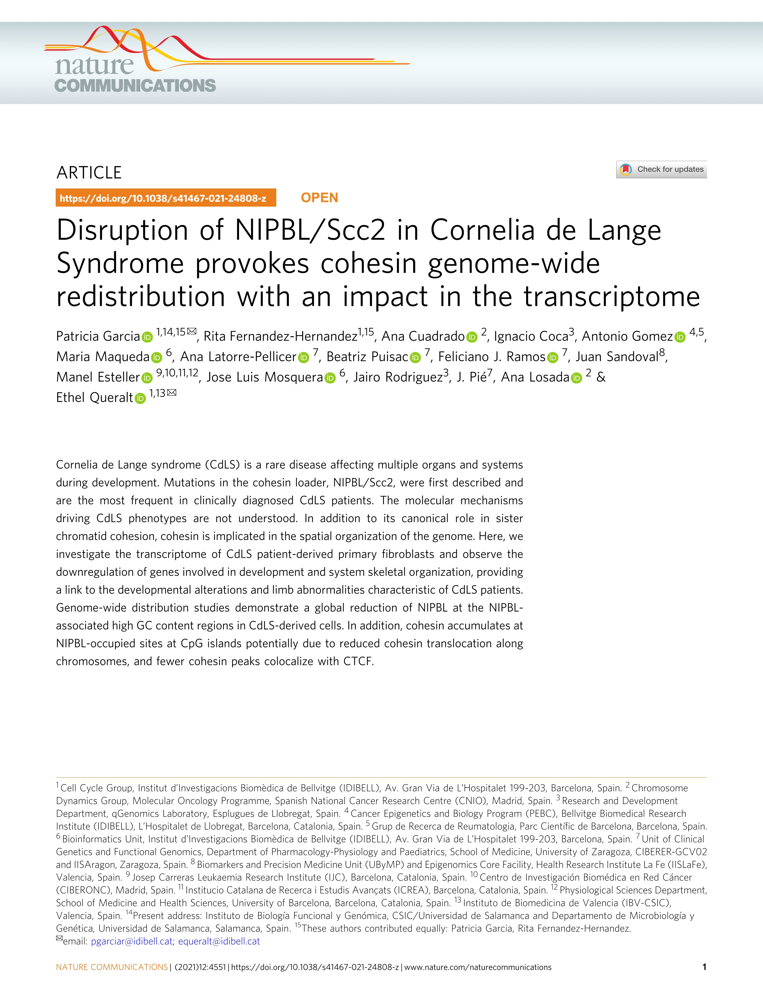 Disruption of NIPBL/Scc2 in Cornelia de Lange Syndrome provokes cohesin genome-wide redistribution with an impact in the transcriptome