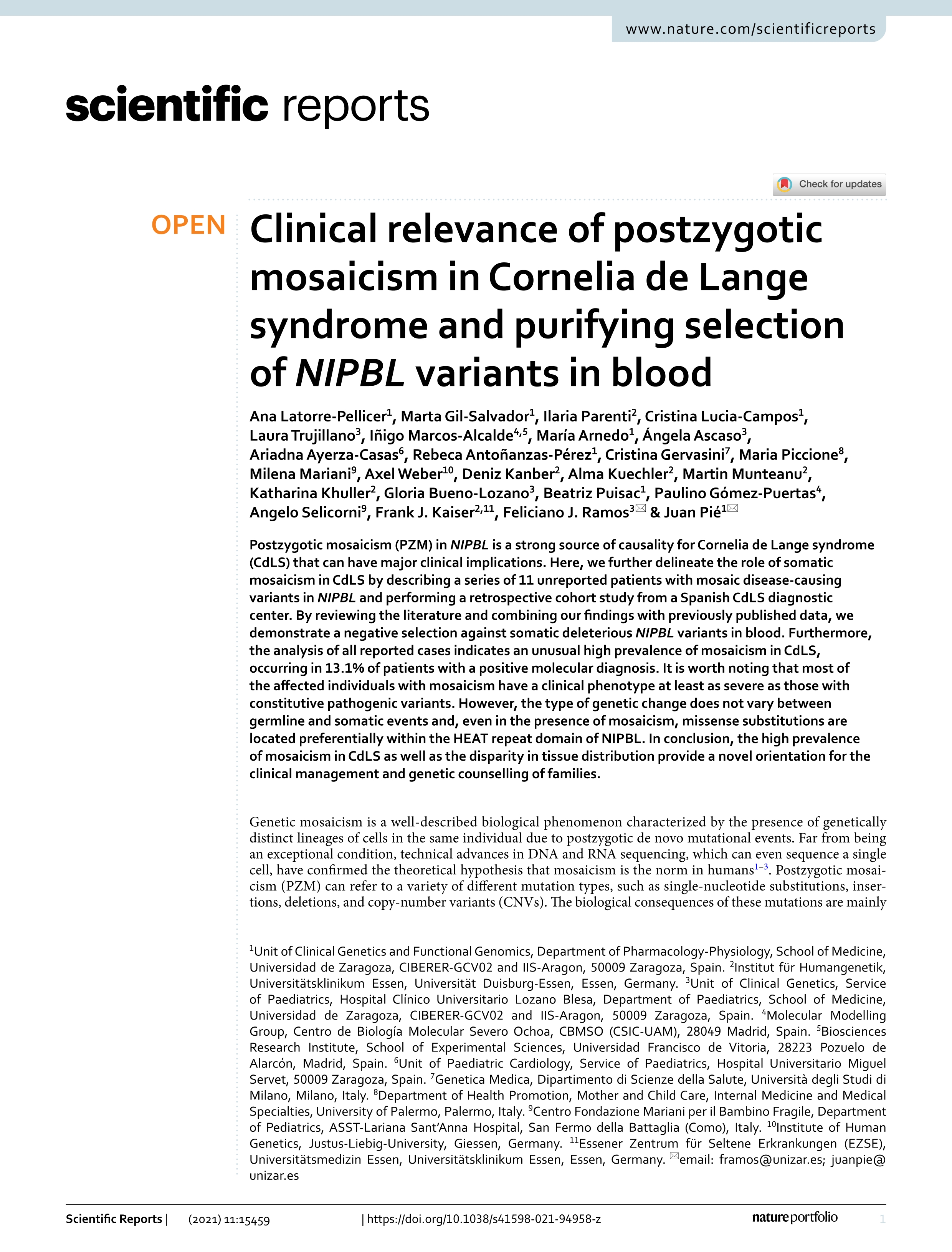 Clinical relevance of postzygotic mosaicism in Cornelia de Lange syndrome and purifying selection of NIPBL variants in blood