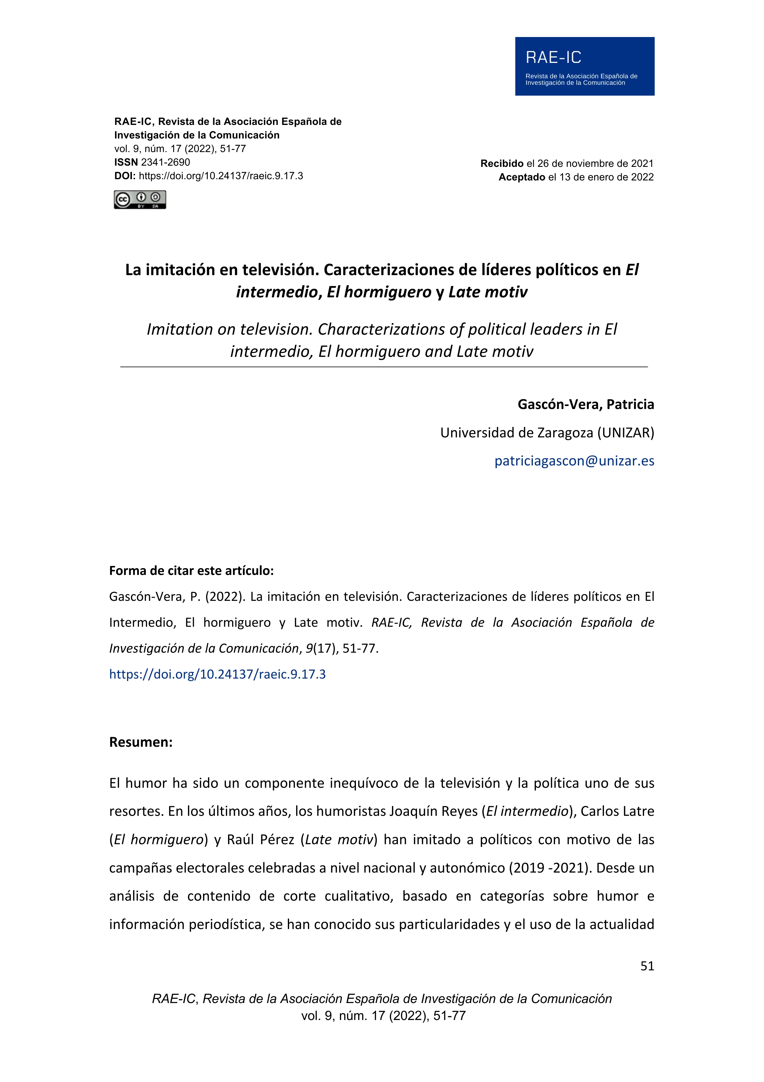 La imitación en televisión. Caracterizaciones de líderes políticos en El intermedio, El hormiguero y Late motiv