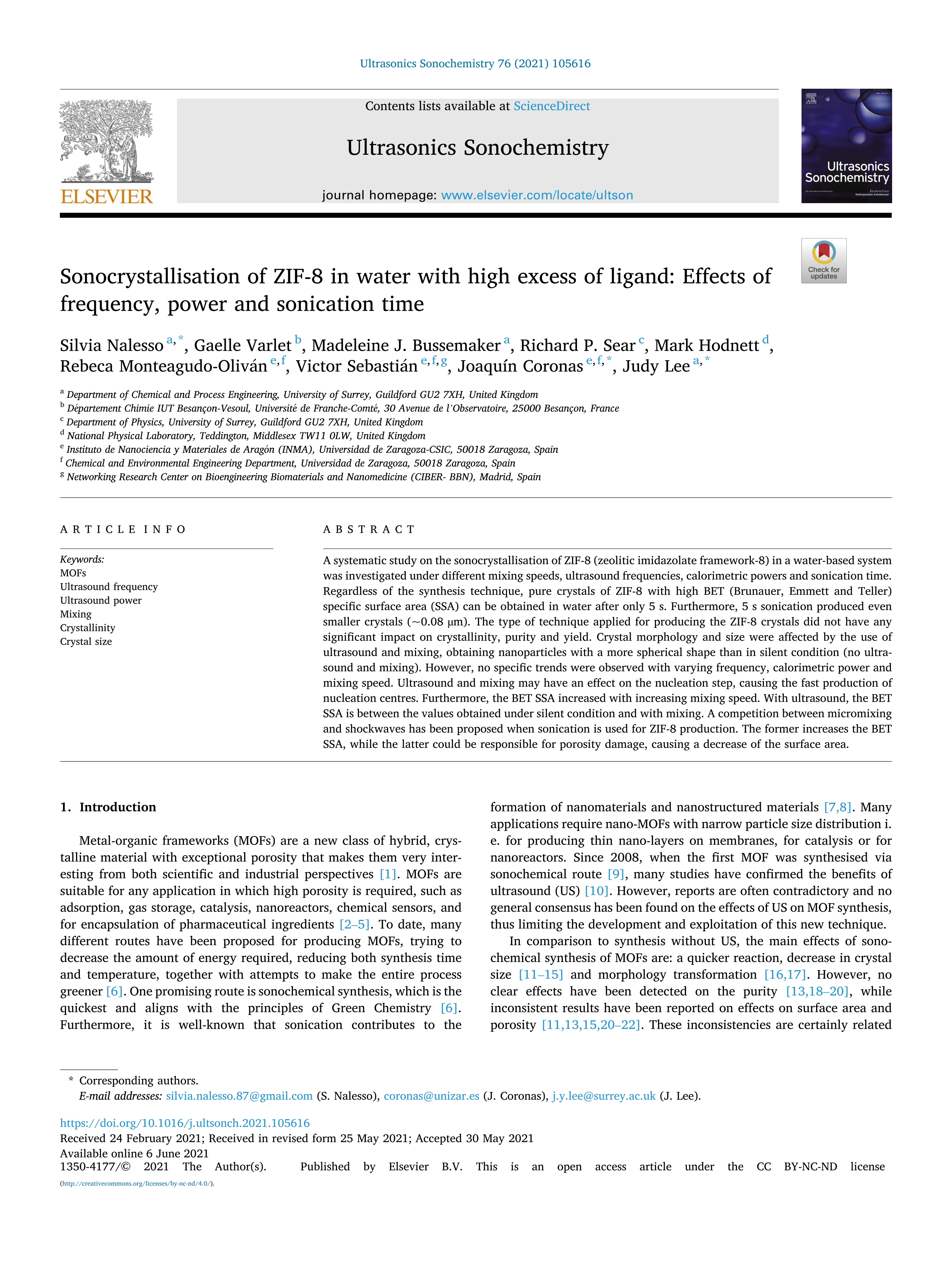 Sonocrystallisation of ZIF-8 in water with high excess of ligand: Effects of frequency, power and sonication time