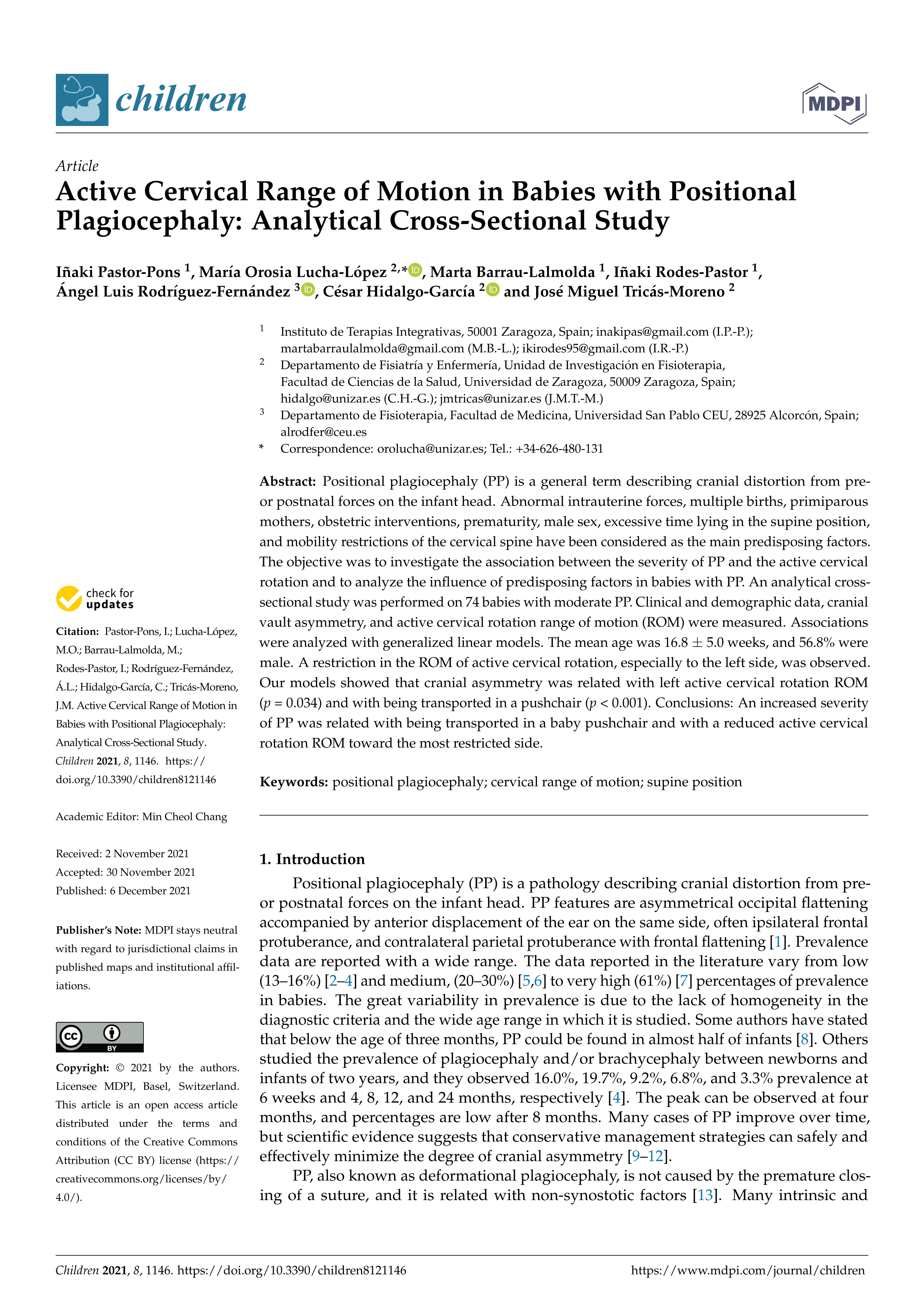 Active cervical range of motion in babies with positional plagiocephaly: Analytical cross-sectional study