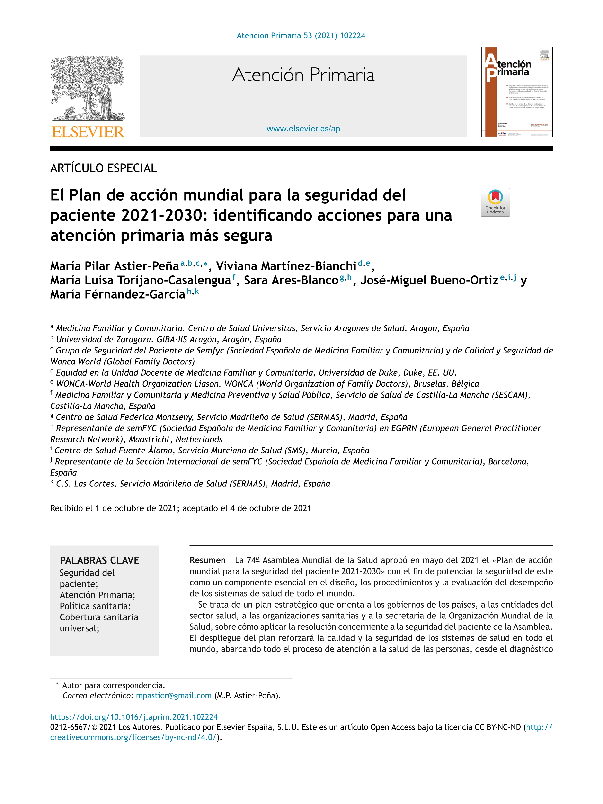 El Plan de acción mundial para la seguridad del paciente 2021-2030: identificando acciones para una atención primaria más seguraThe Global Patient Safety Action Plan 2021–2030: Identifying actions for safer primary health care