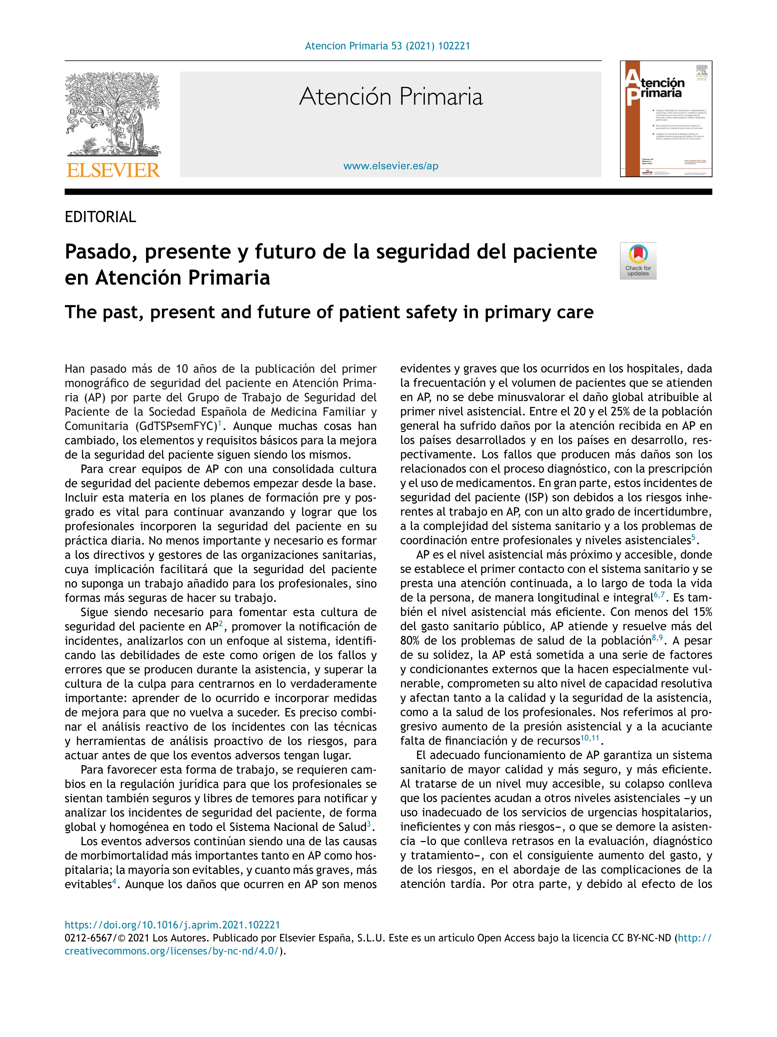 Pasado, presente y futuro de la seguridad del paciente en Atención Primaria