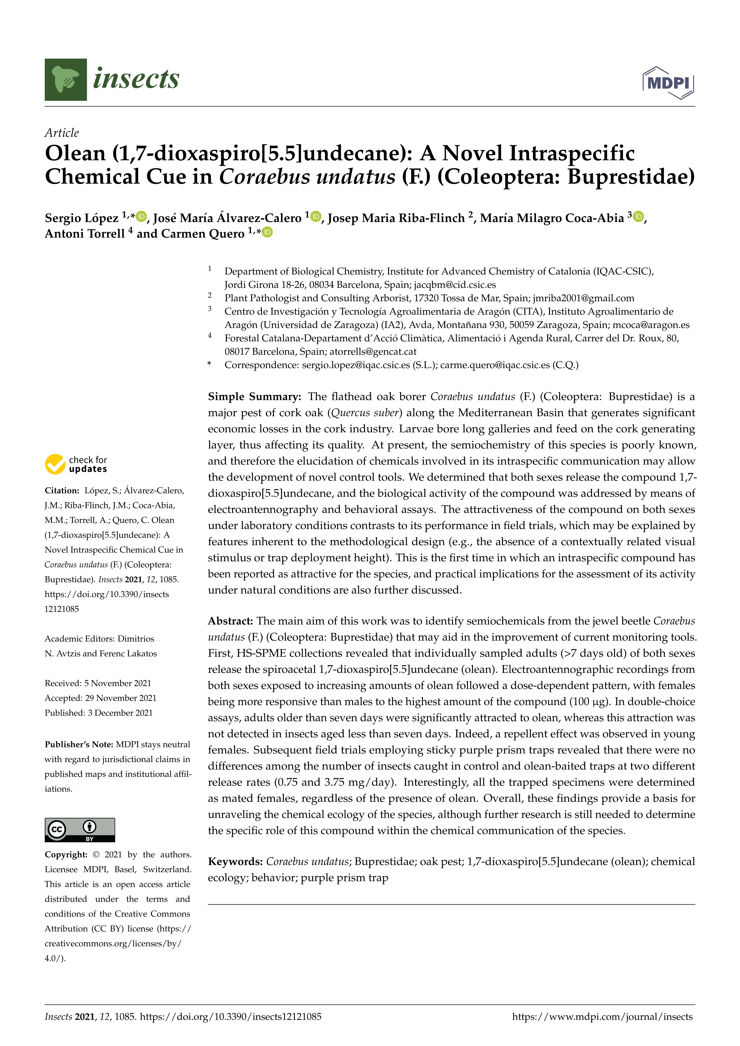 Olean (1, 7-dioxaspiro[5.5]undecane): A novel intraspecific chemical cue in coraebus undatus (f.) (coleoptera: Buprestidae)