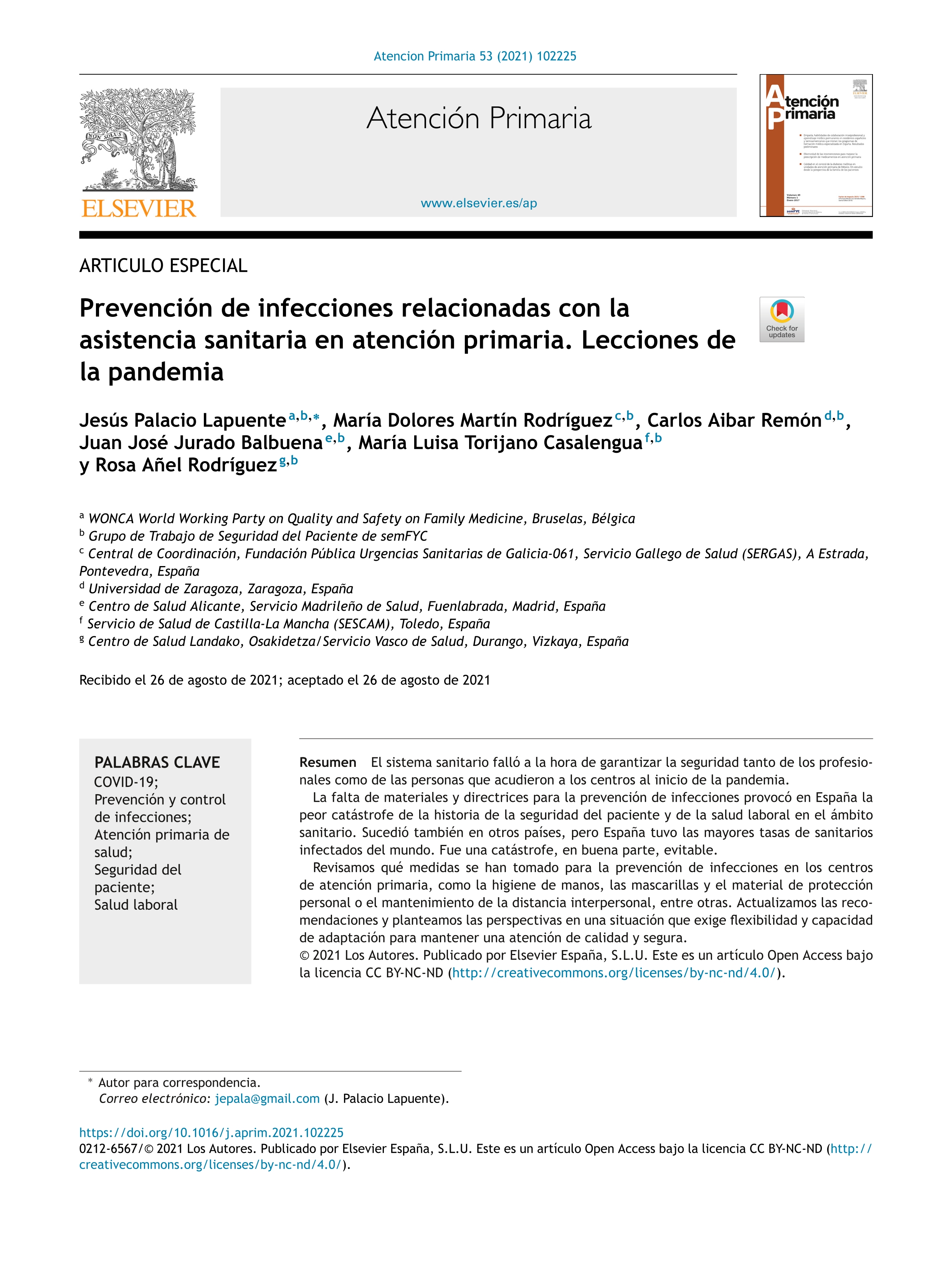 Prevención de infecciones relacionadas con la asistencia sanitaria en atención primaria. Lecciones de la pandemia