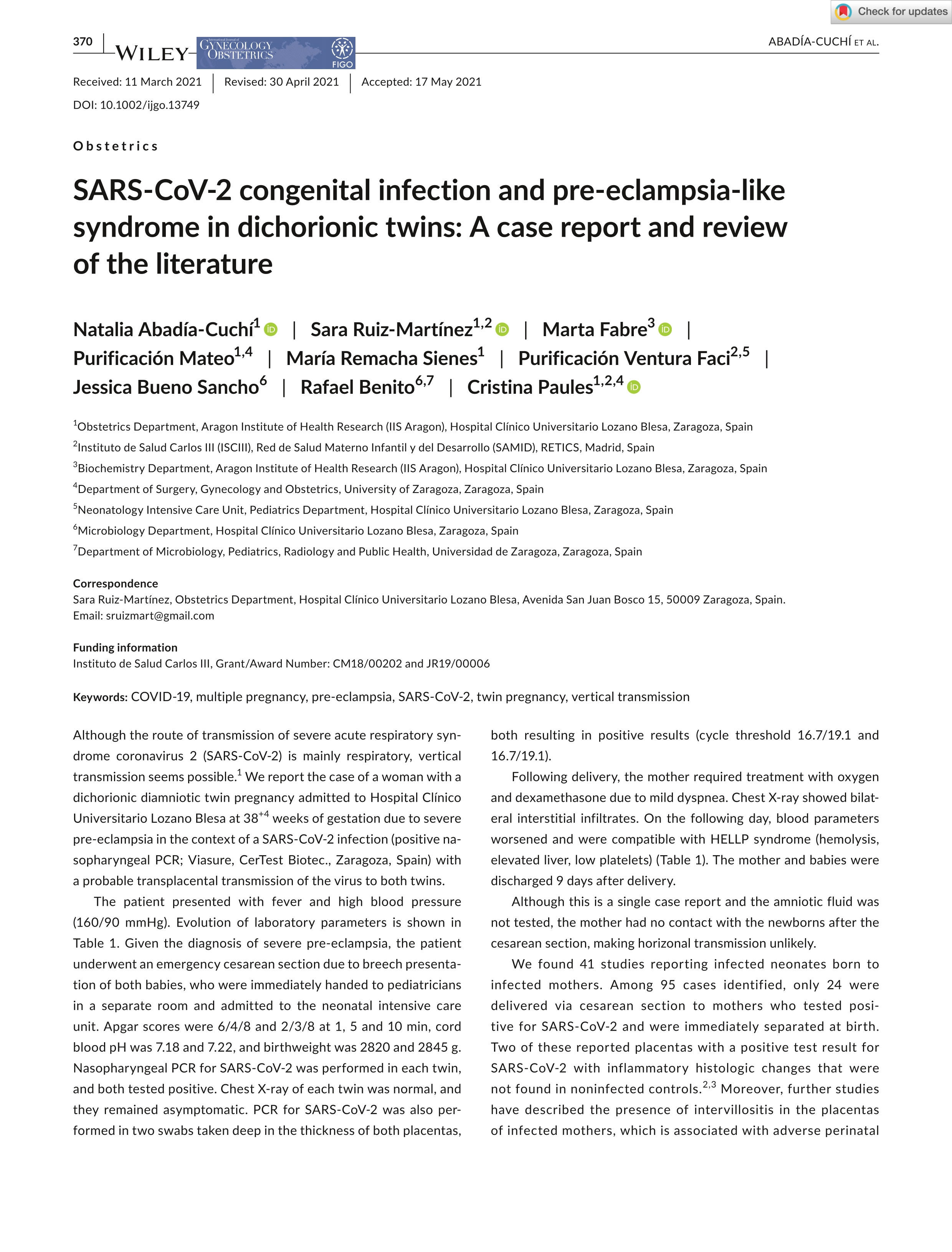 SARS-CoV-2 congenital infection and pre-eclampsia-like syndrome in dichorionic twins: A case report and review of the literature