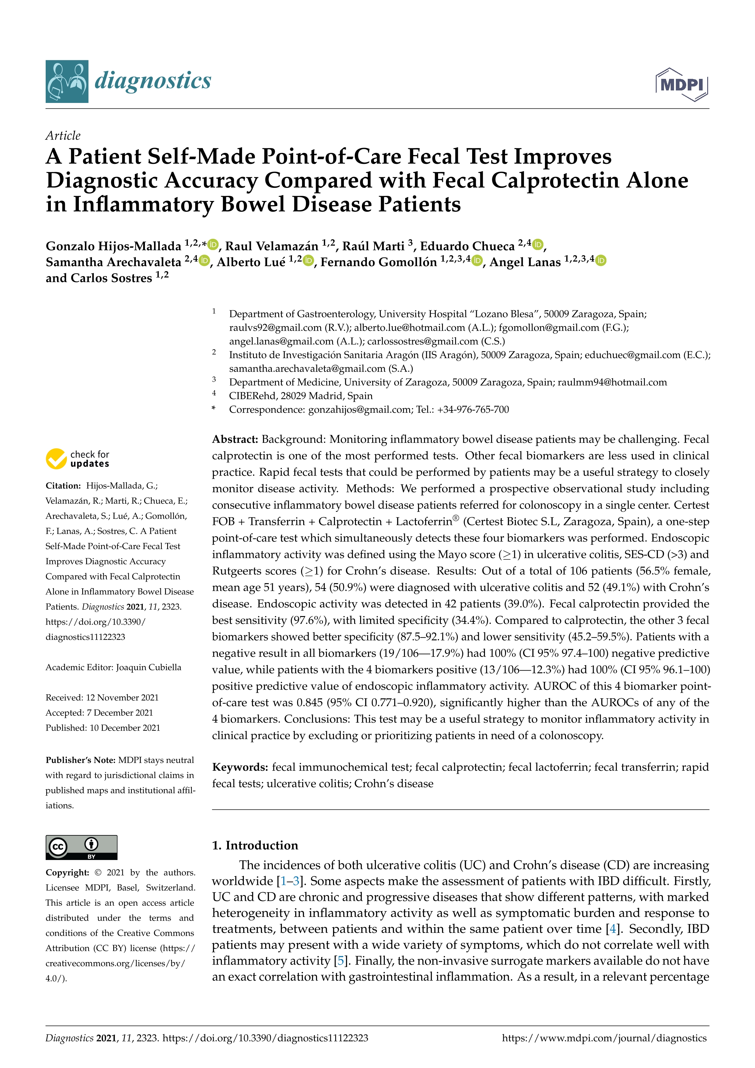 A patient self-made point-of-care fecal test improves diagnostic accuracy compared with fecal calprotectin alone in inflammatory bowel disease patients