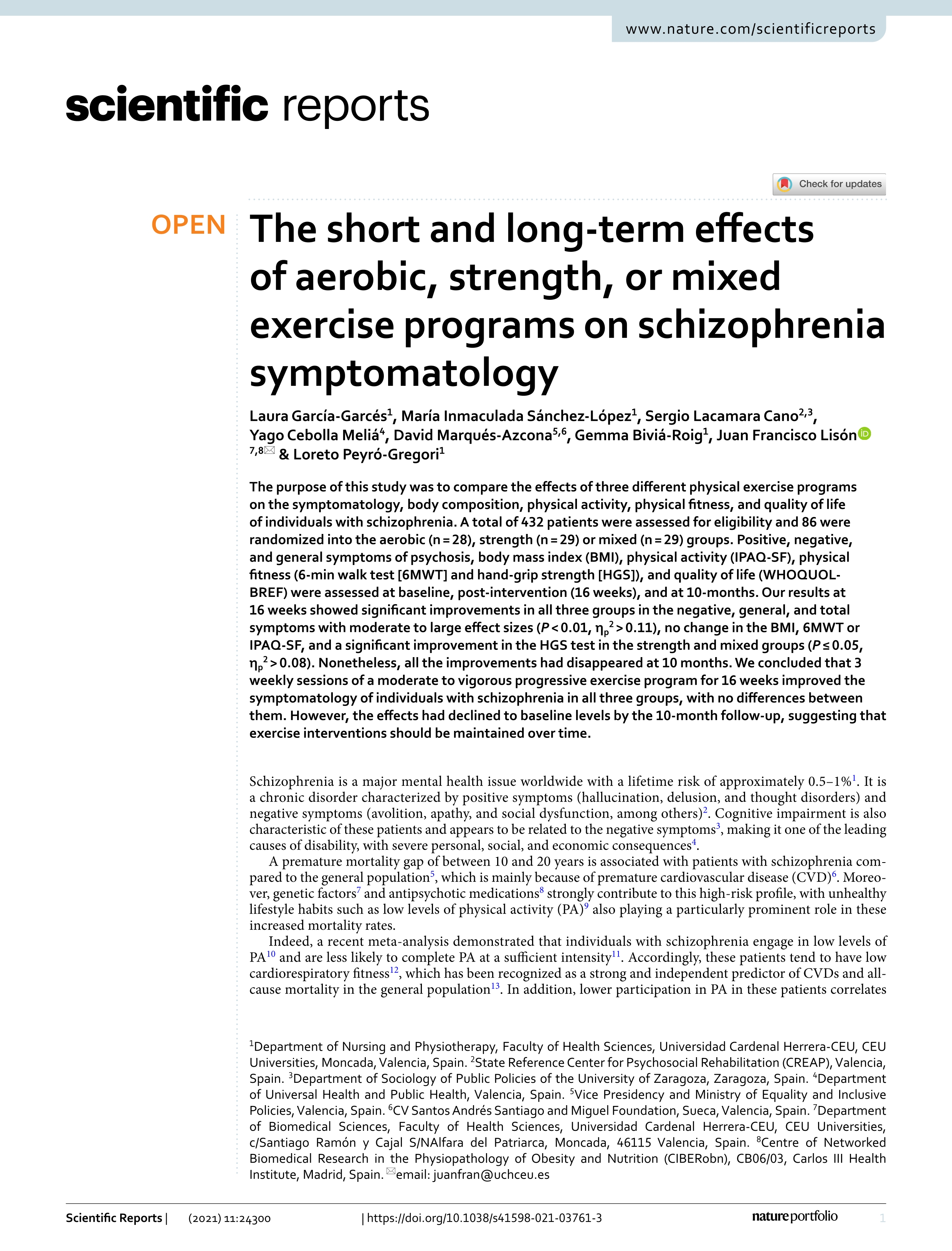 The short and long-term effects of aerobic, strength, or mixed exercise programs on schizophrenia symptomatology