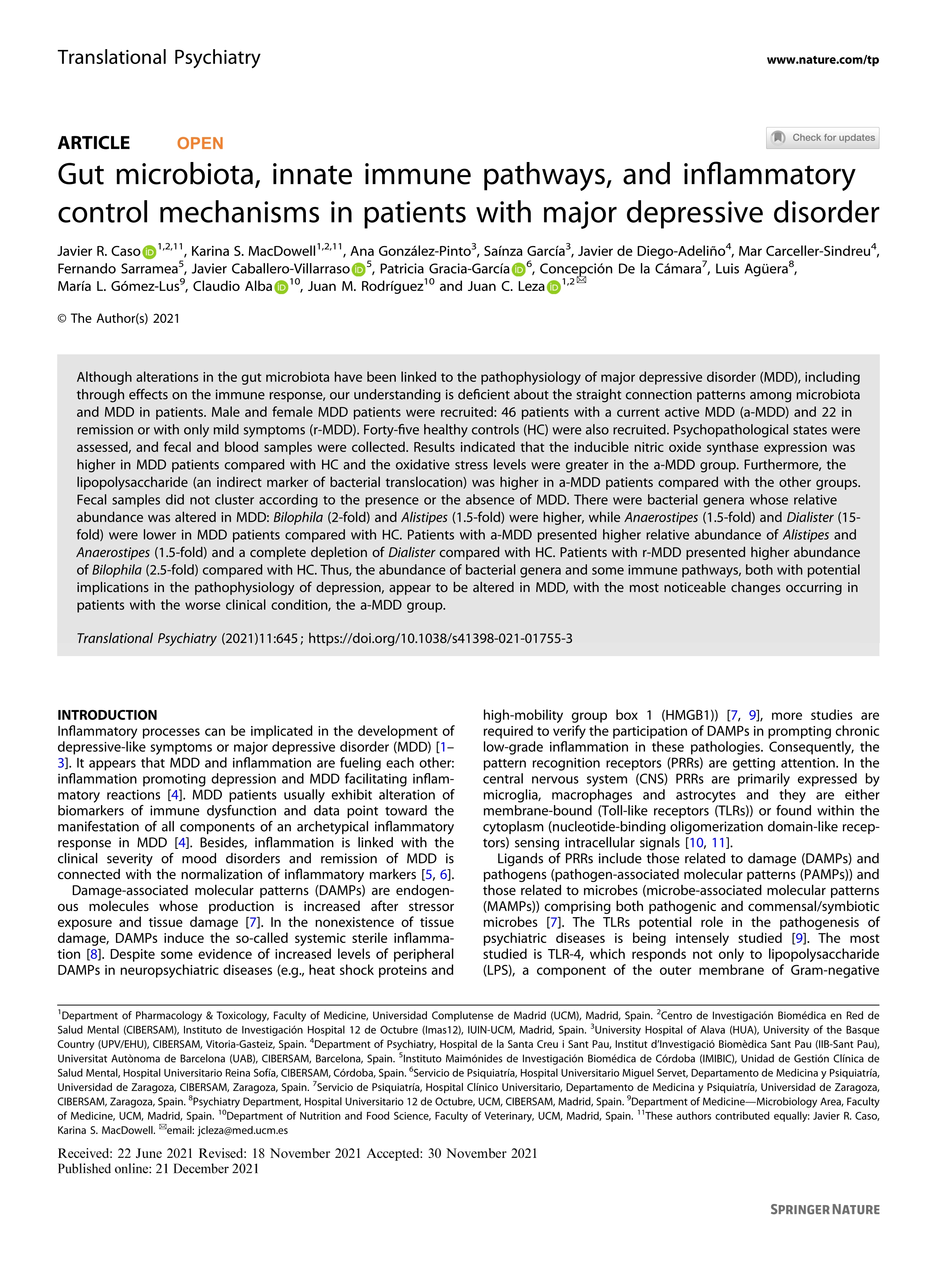 Gut microbiota, innate immune pathways, and inflammatory control mechanisms in patients with major depressive disorder
