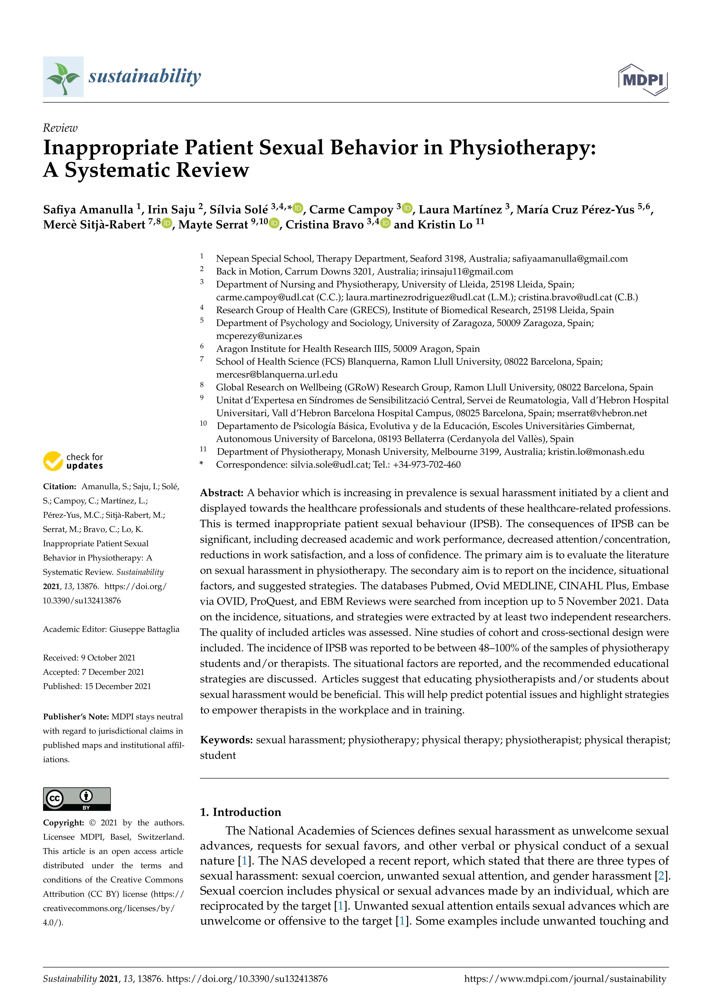 Inappropriate patient sexual behavior in physiotherapy: A systematic review