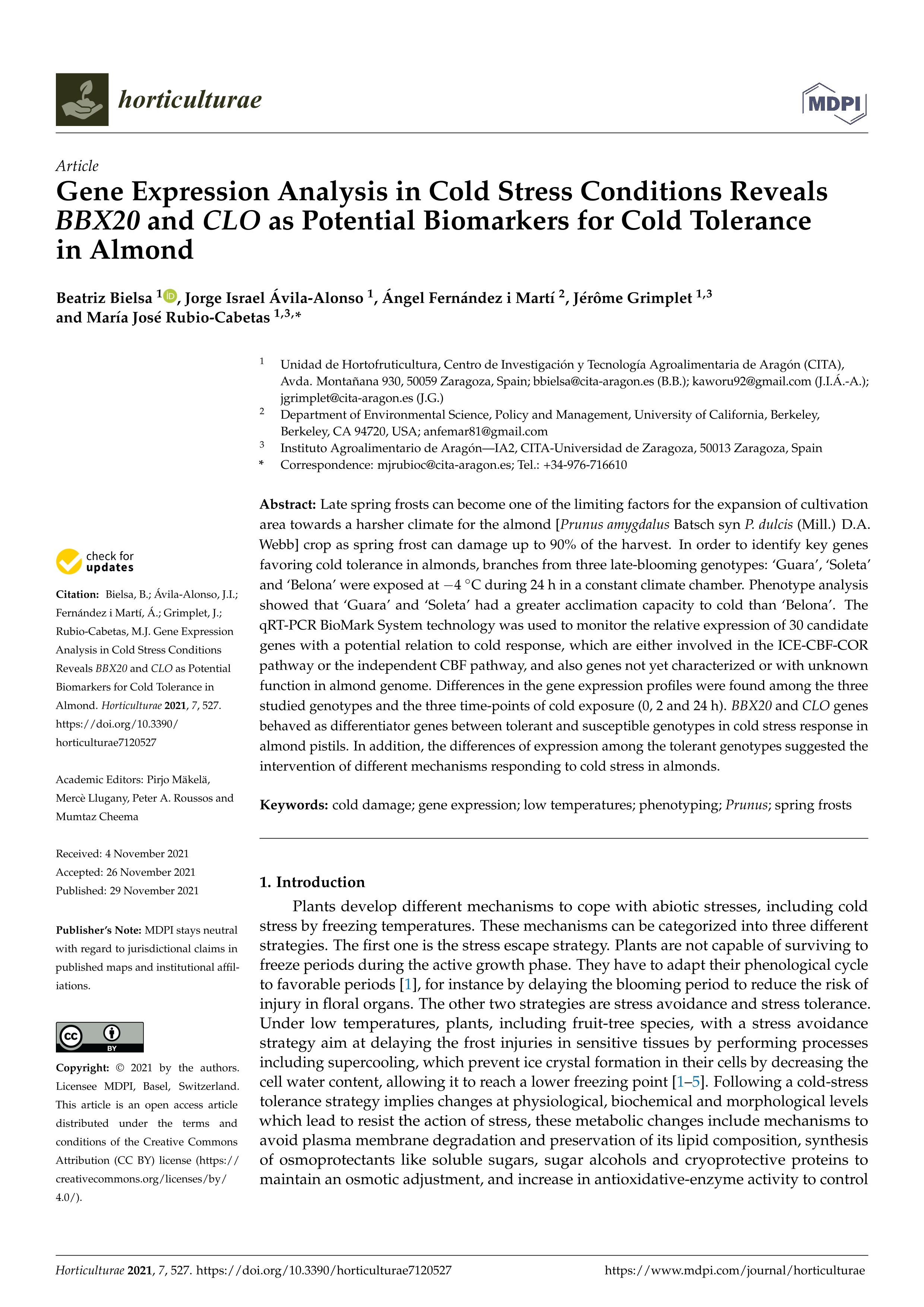 Gene expression analysis in cold stress conditions reveals BBX20 and CLO as potential biomarkers for cold tolerance in almond