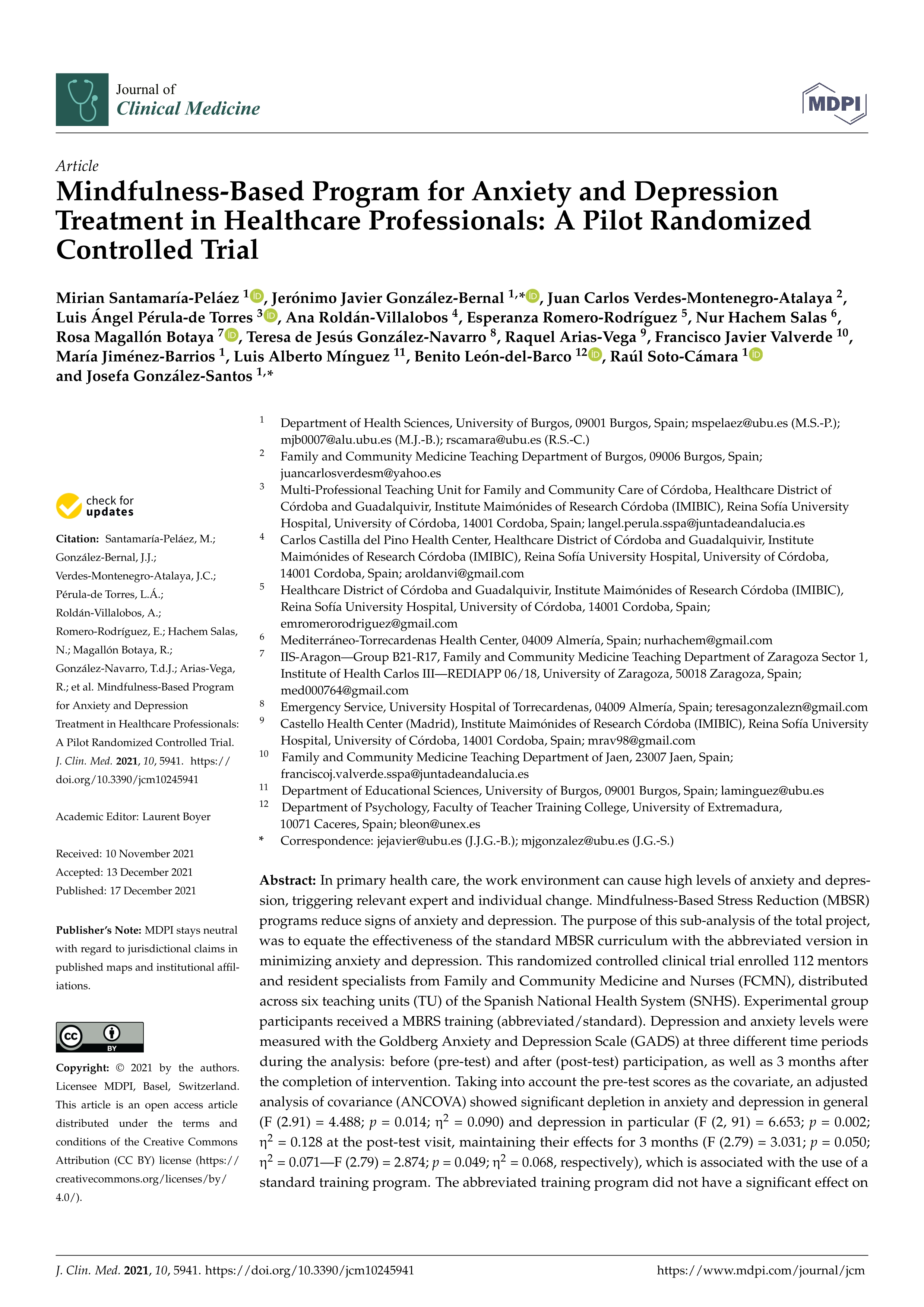 Mindfulness-based program for anxiety and depression treatment in healthcare professionals: A pilot randomized controlled trial