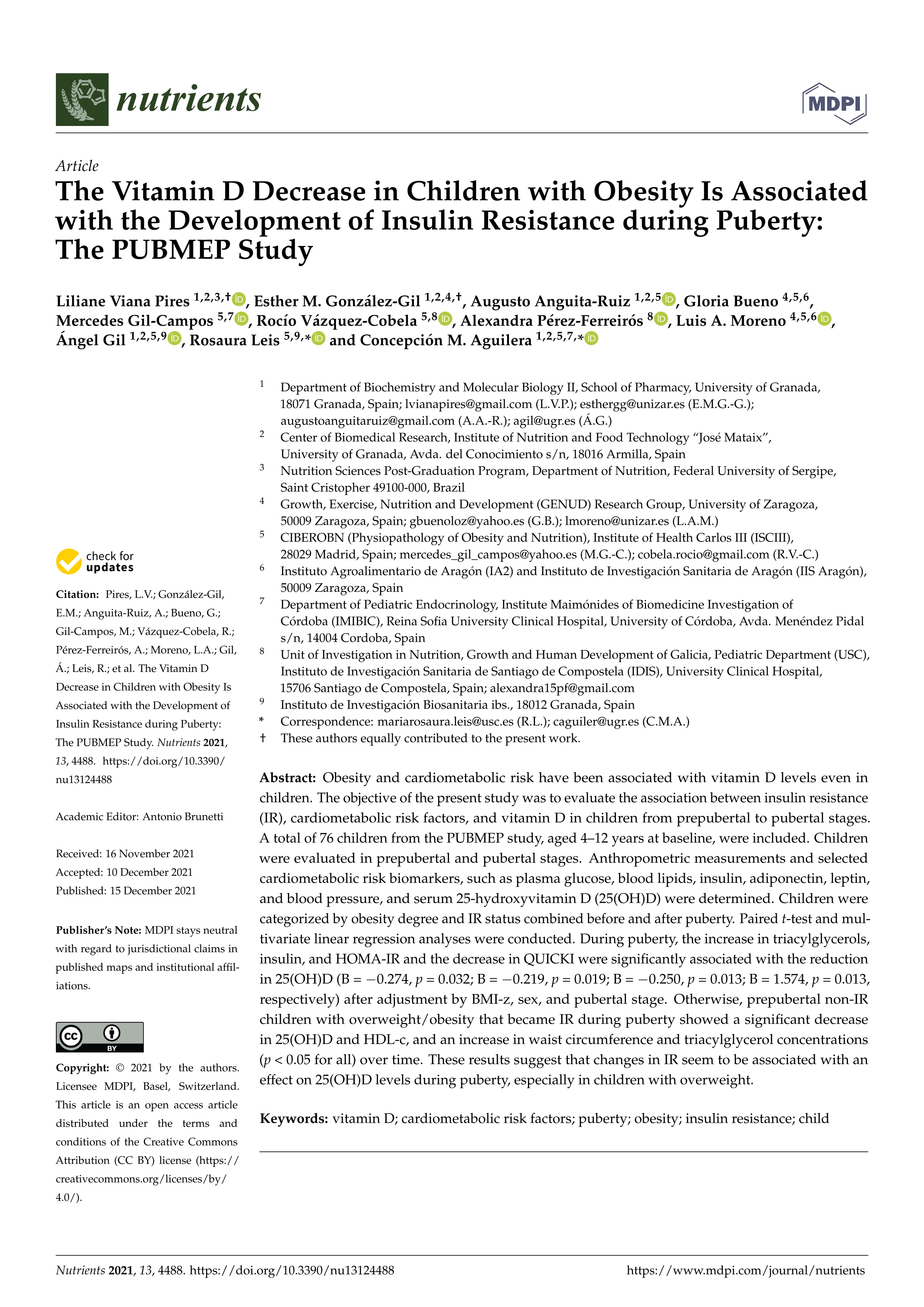 The vitamin D decrease in children with obesity is associated with the development of insulin resistance during puberty: The PUBMEP study