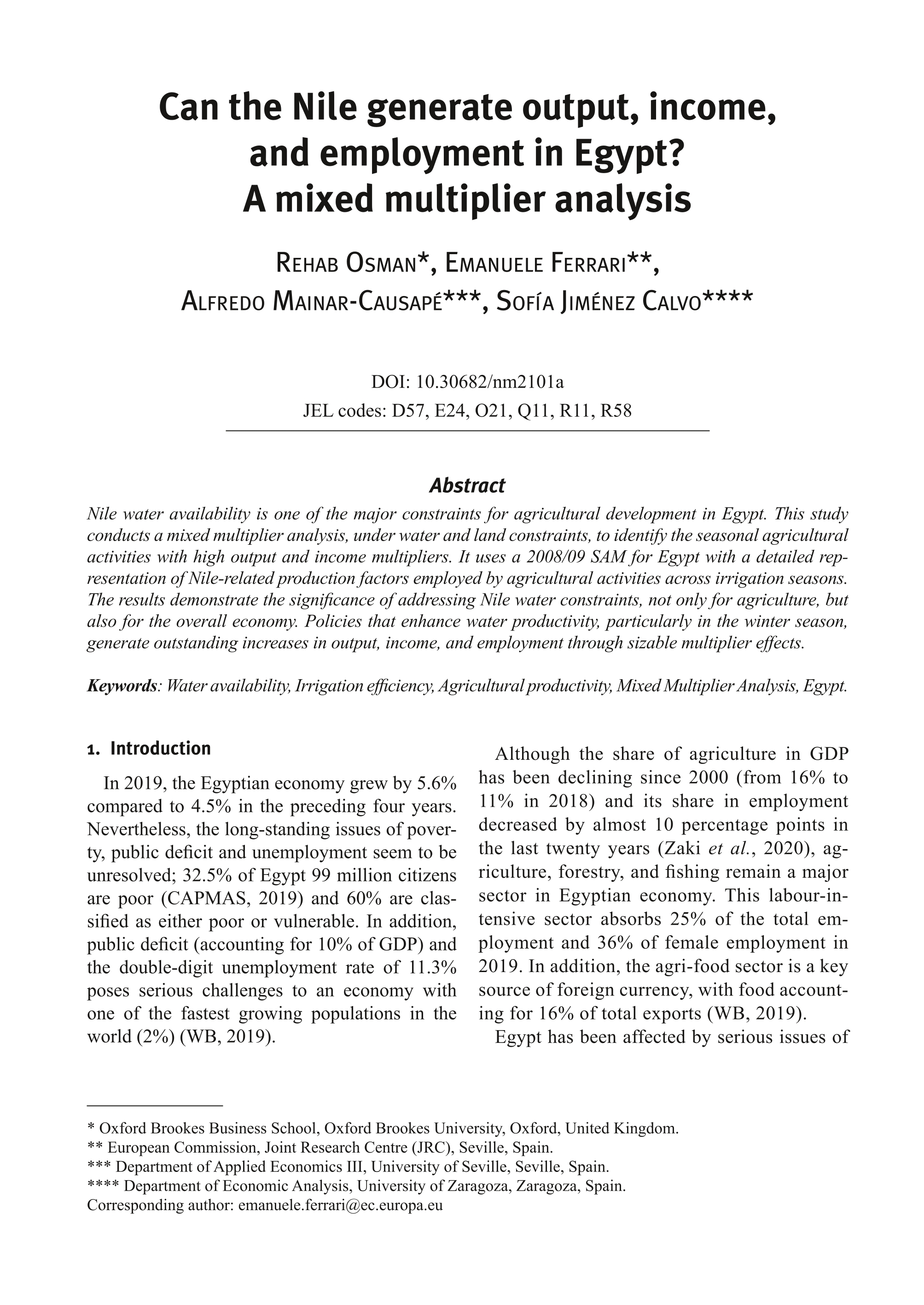 Can the nile generate output, income, and employment in Egypt? A mixed multiplier analysis