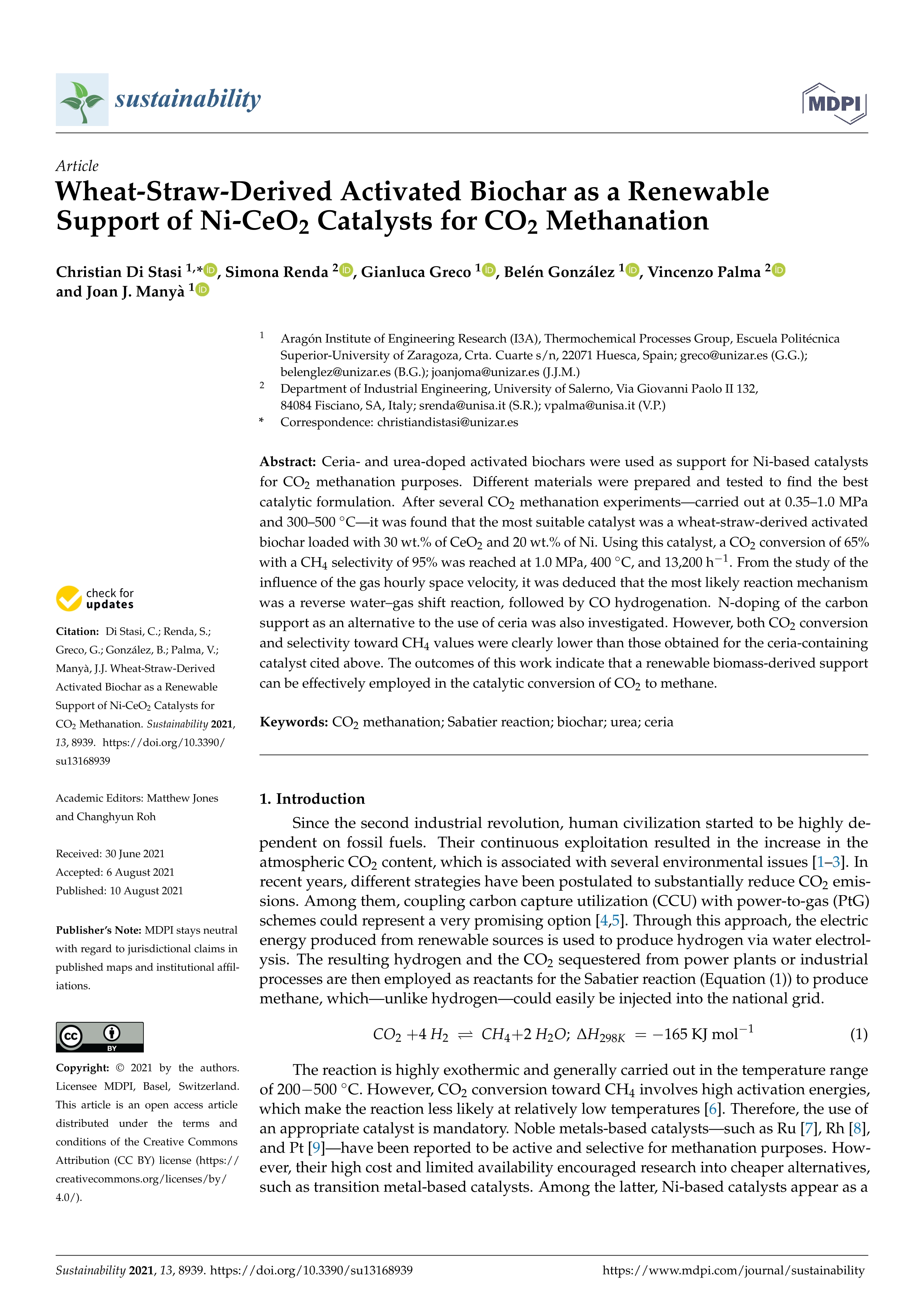 Wheat-straw-derived activated biochar as a renewable support of Ni-CeO2 catalysts for CO2 methanation